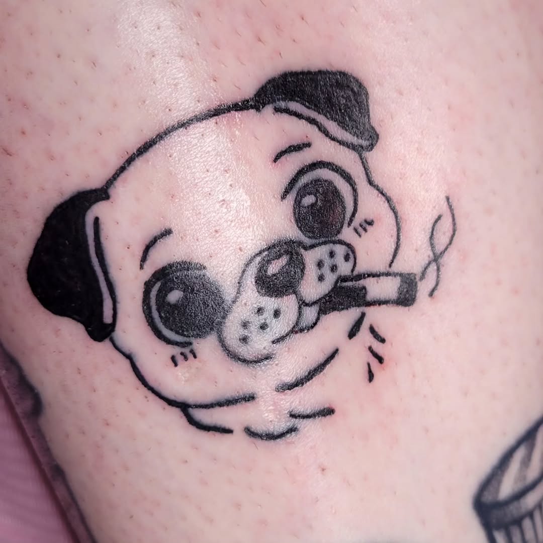Pug smoking a cigarette realism tattoo by Peach & Poke, Lethbridge, Alberta