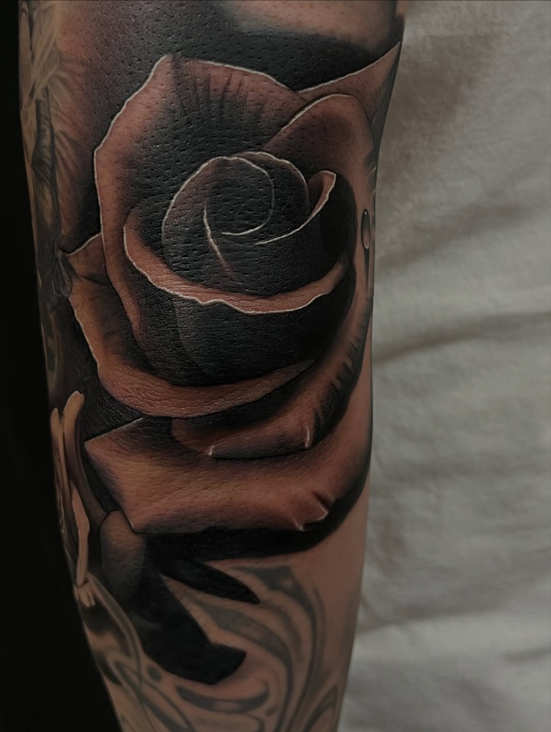 Rose dotwork tattoo on the forearm by Thomas Conard