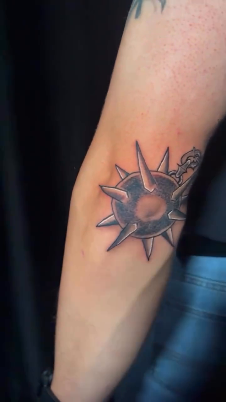 Medieval flail tattoo geometric tattoo on the forearm by Kai