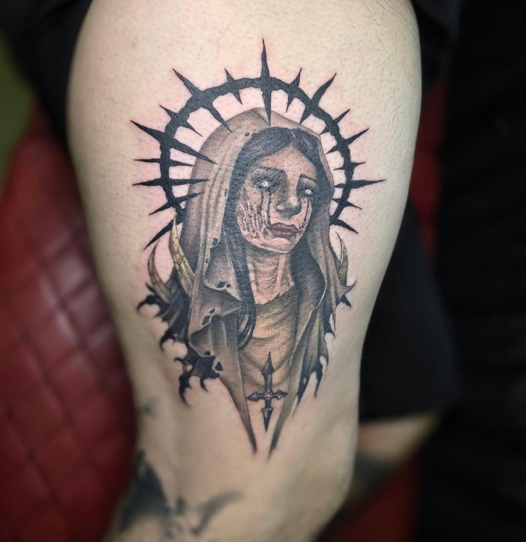 Tattoo by @noposfucktattoos — dark_realism, black_and_grey