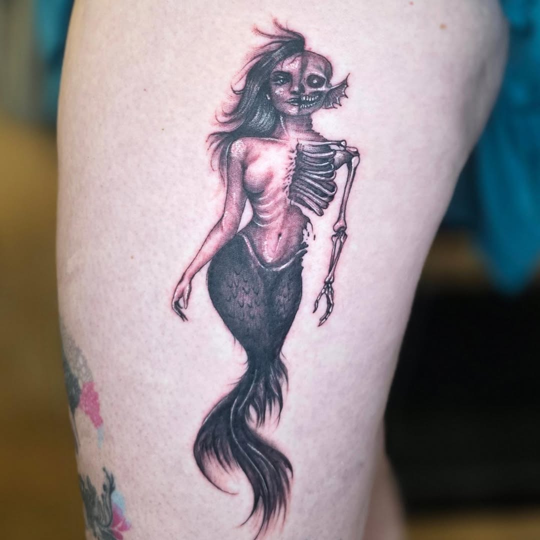 Tattoo by @noposfucktattoos — dark_realism, black_and_grey