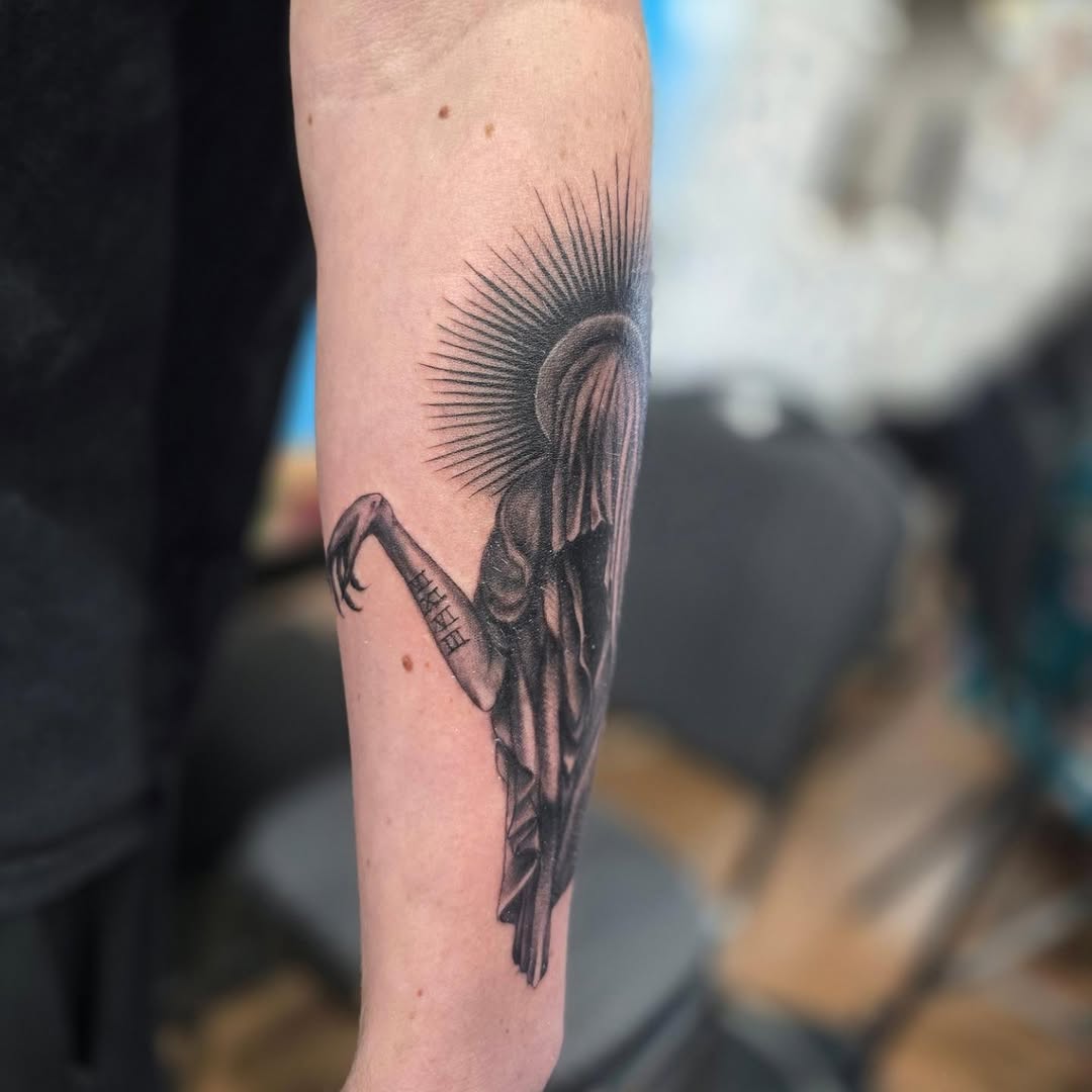 Tattoo by @noposfucktattoos — black_and_grey, dark_realism