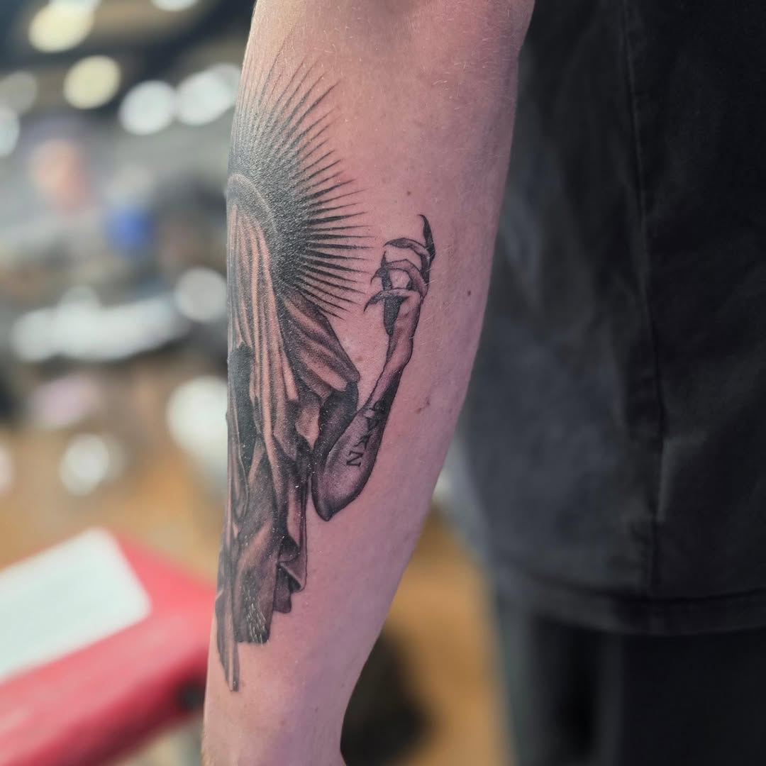 Tattoo by @noposfucktattoos — dark_realism, black_and_grey