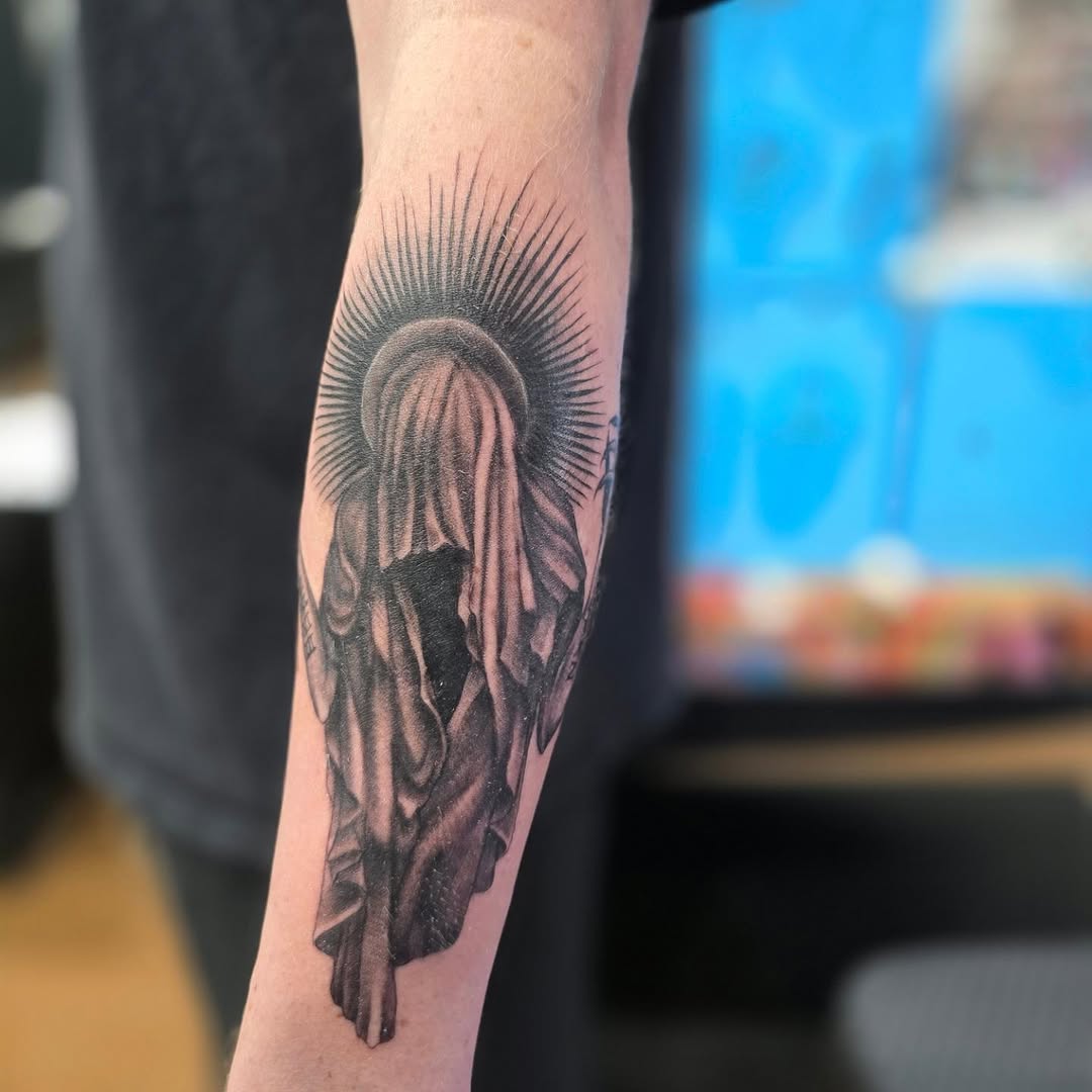 Tattoo by @noposfucktattoos — black_and_grey, dark_realism