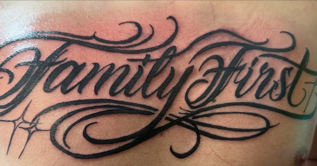 Family First lettering Chicano tattoo on the chest by ❤️Jesselli ison ❤️