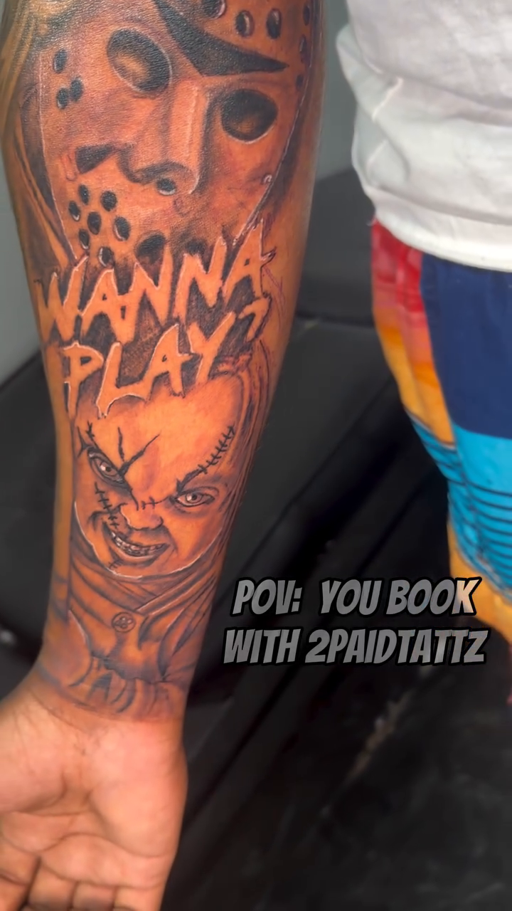 Horror movie characters sleeve realism tattoo on the forearm by 2PaidTattz