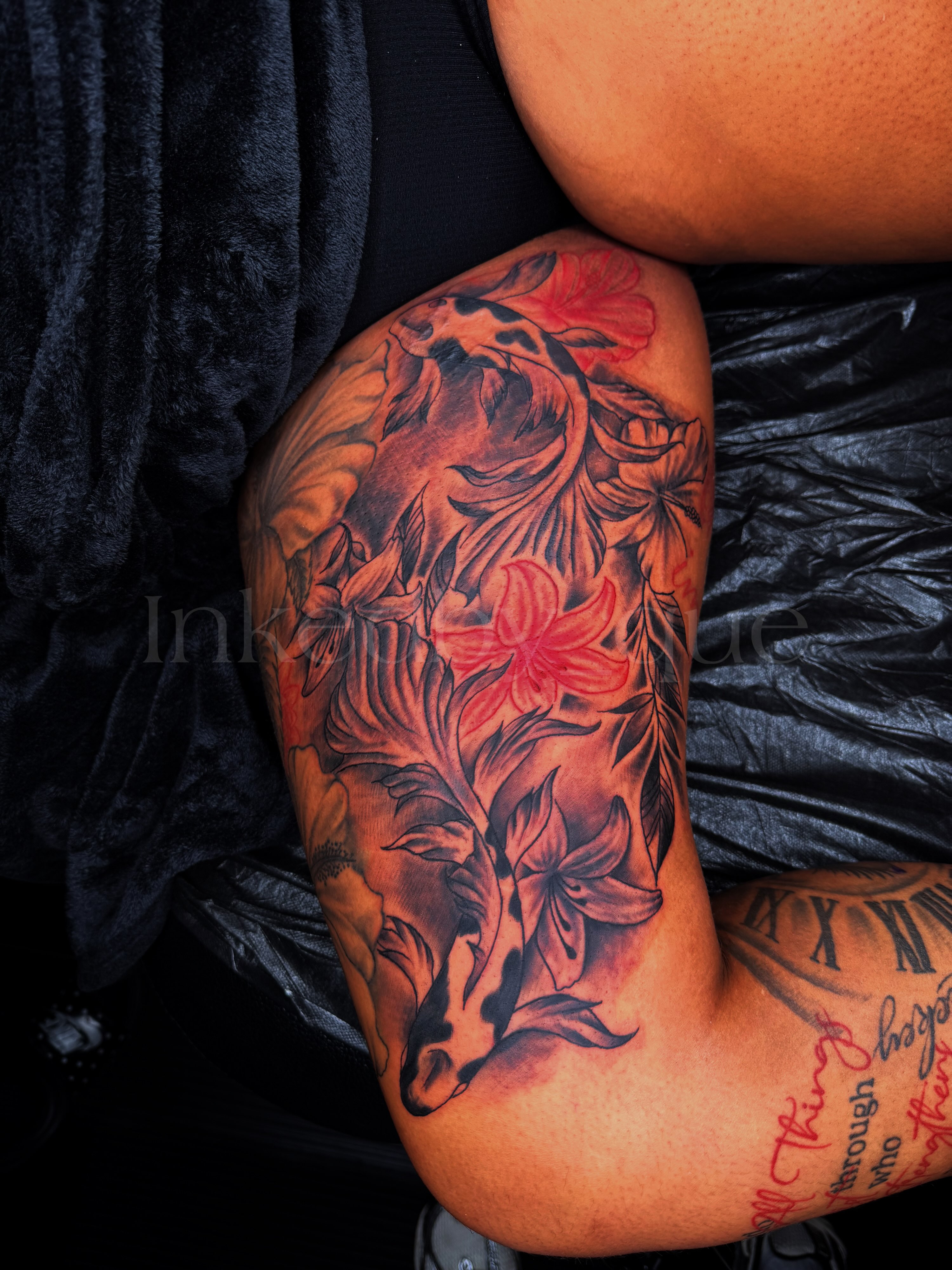 Floral arrangement realism tattoo on the shoulder by Q⚜️