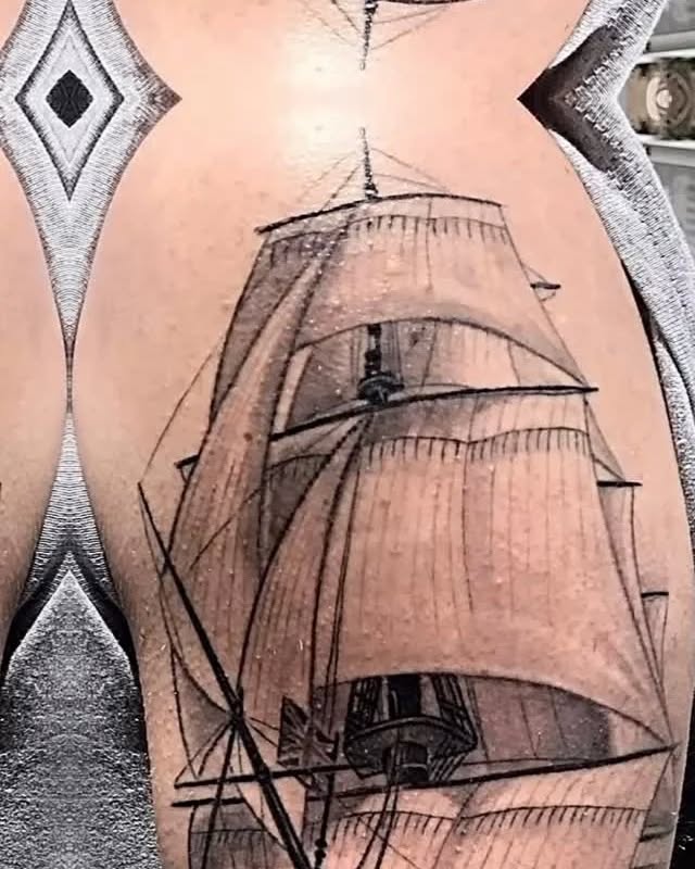 Sailing ship fine line tattoo on the forearm by Raheem Jacobs, Austin, Texas