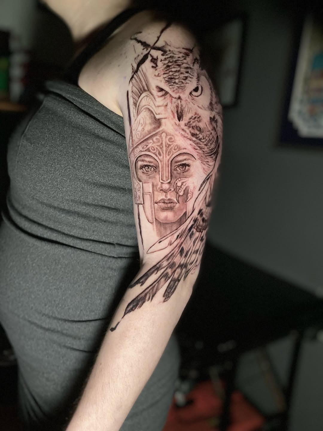 Woman warrior with owl sketch tattoo on the forearm by Dana Jones
