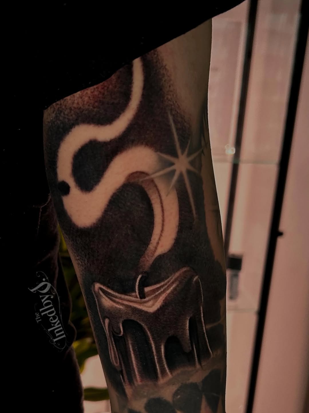 Dripping candle with smoke minimalist tattoo on the forearm by Jaylen - Atlanta Tattoo Artist