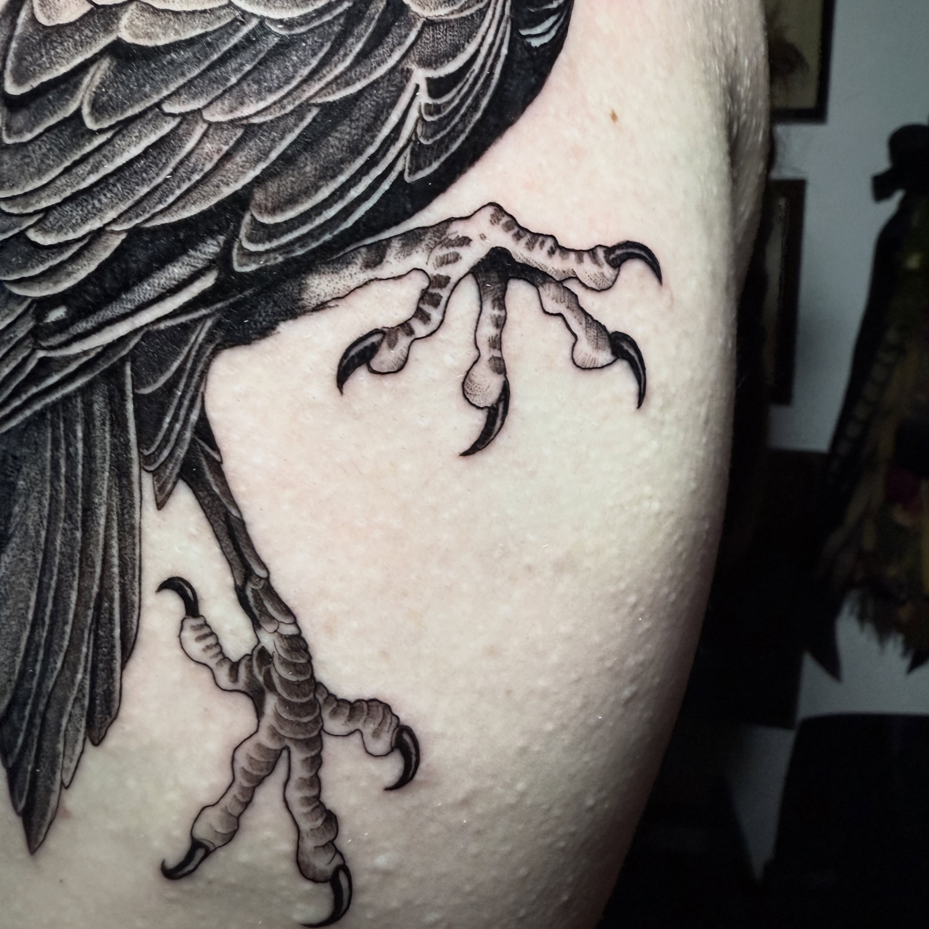 Bird claw black and grey tattoo on the upper arm by † Aileen † Chicago Tattoo Artist