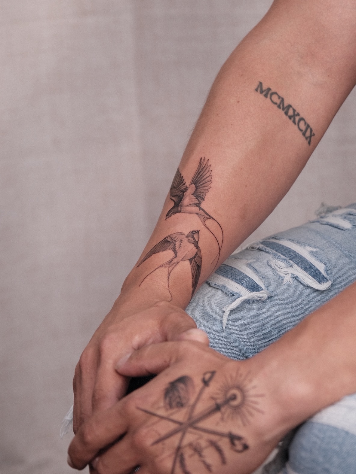 Birds black and grey tattoo on the forearm by Houston Tattoo Artist GoldenK