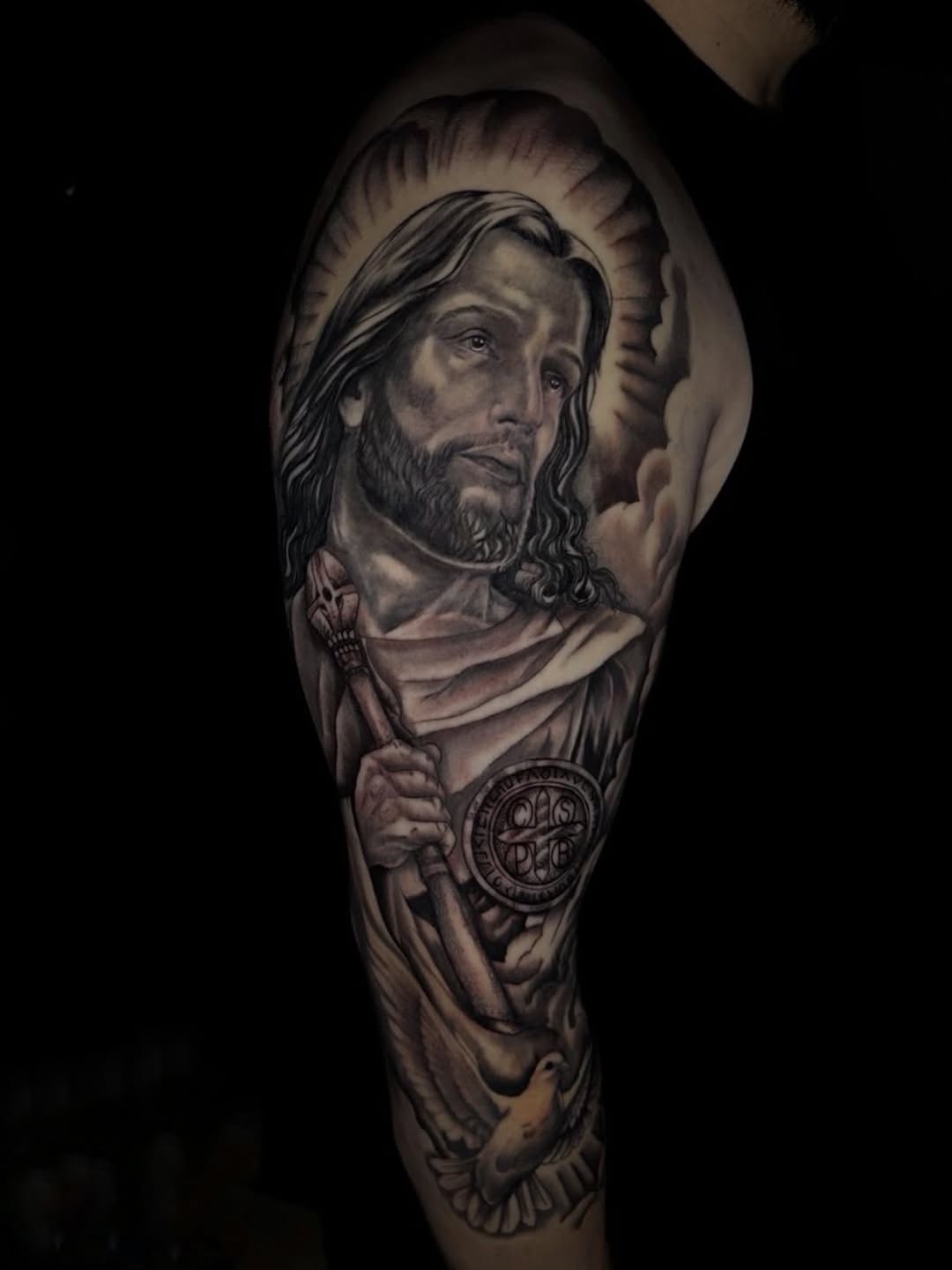 Jesus with staff and dove realism tattoo on the forearm by Shake_tatts