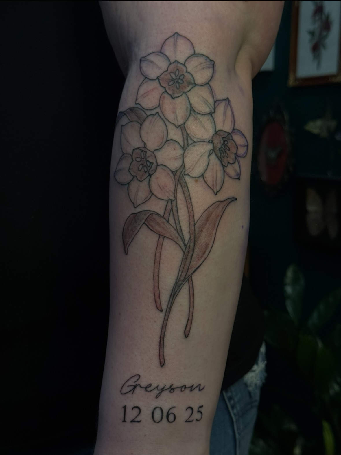 Daffodils realism tattoo on the forearm by jess jené jones, Portland, Oregon