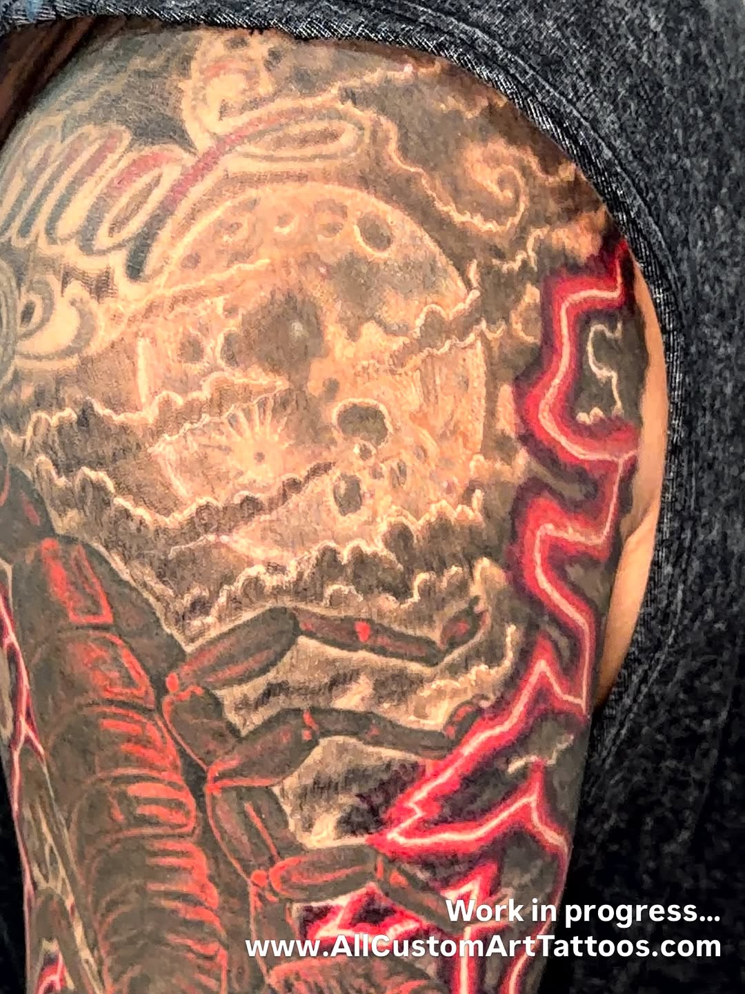 Scorpion and moon realism tattoo on the upper arm by Rafael Marte, White Plains, New York