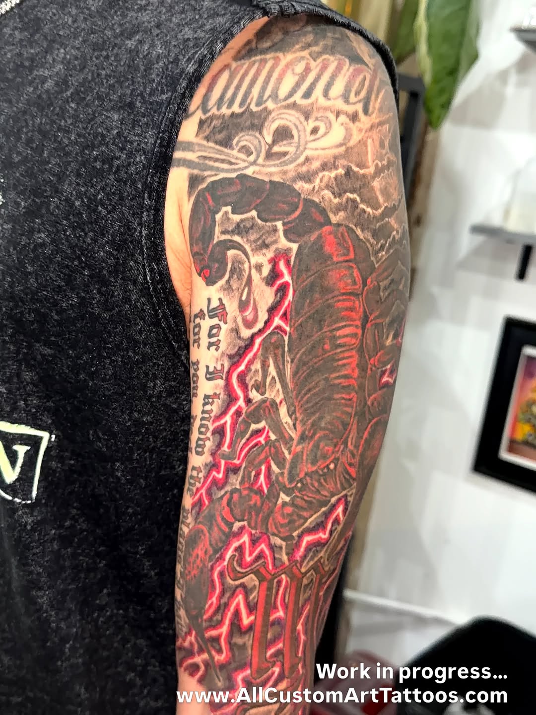Scorpion and lettering Japanese tattoo on the forearm by Rafael Marte, White Plains, New York
