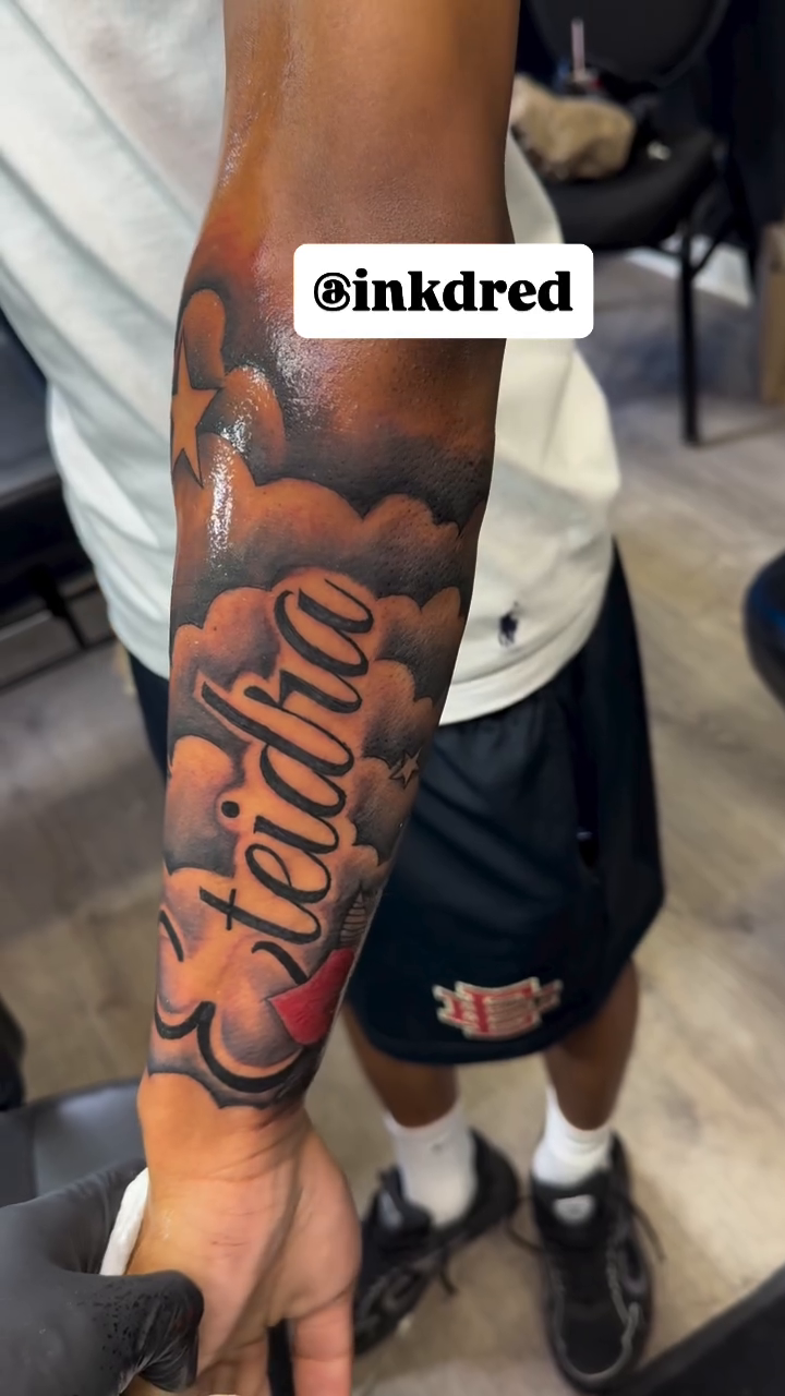 Tattoo by @inkdred β lettering_script, black_and_grey