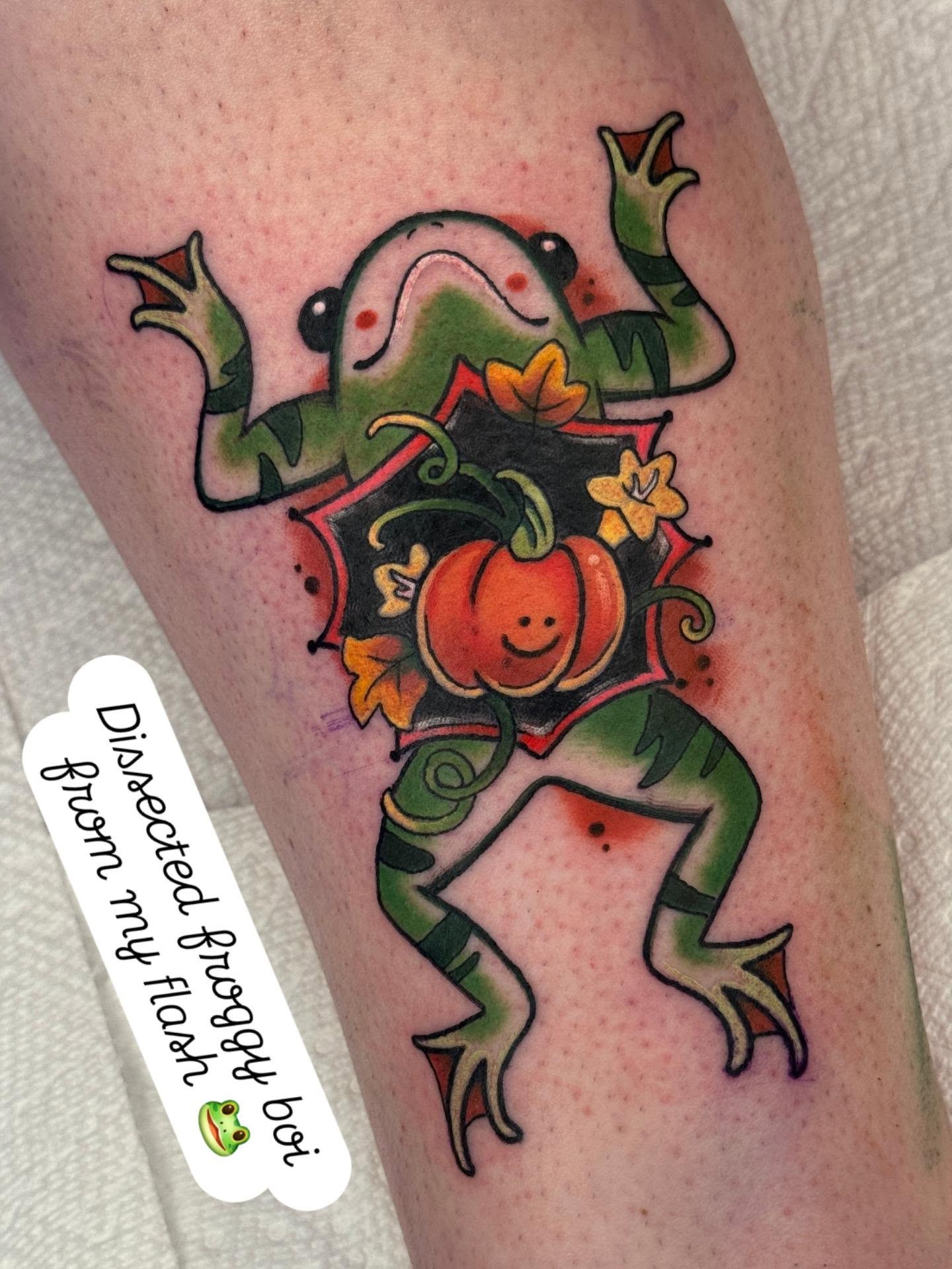Frog with pumpkin American traditional tattoo on the forearm by Tattoos by Angel Lee