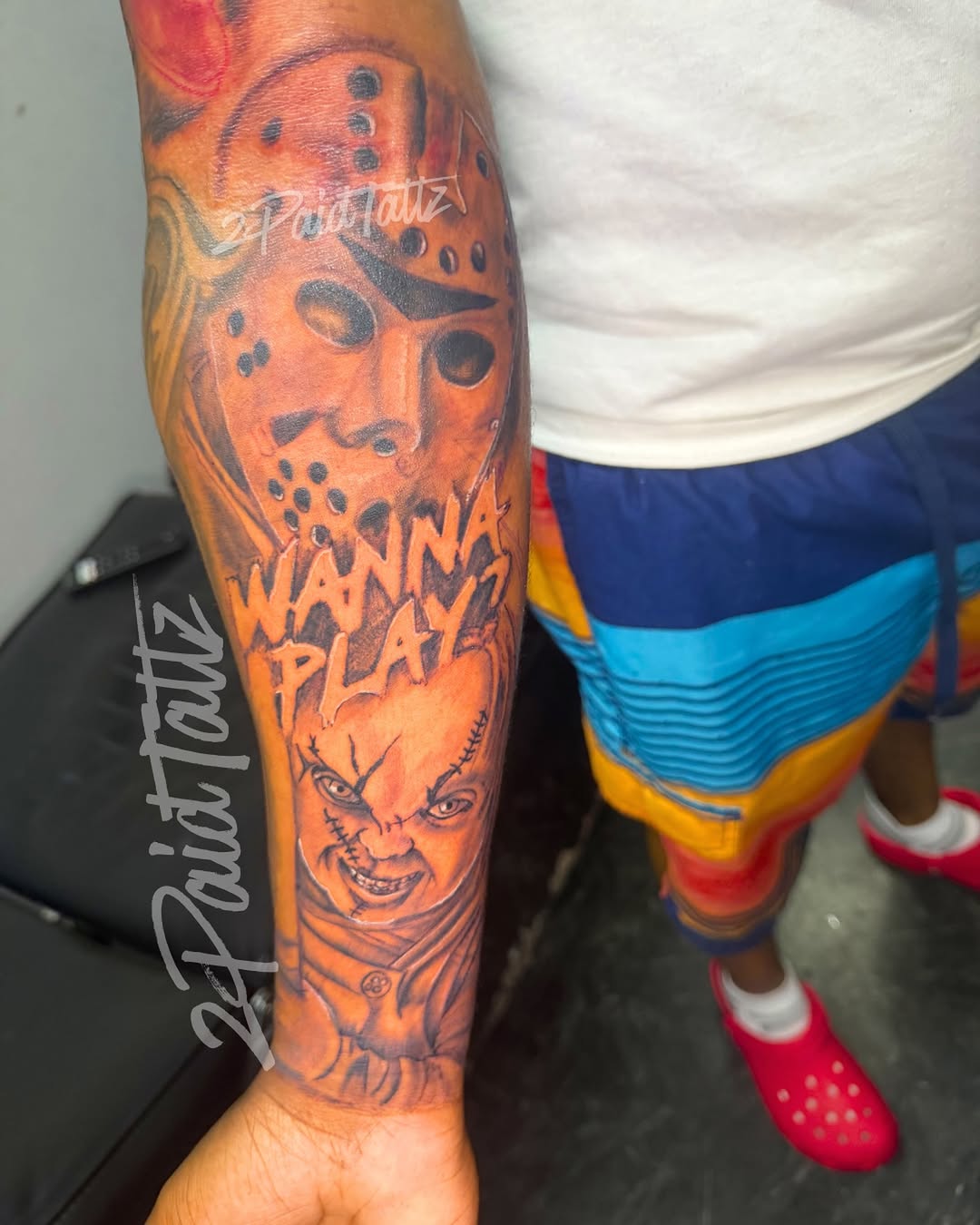 Jason Voorhees mask and Chucky realism tattoo on the forearm by 2PaidTattz