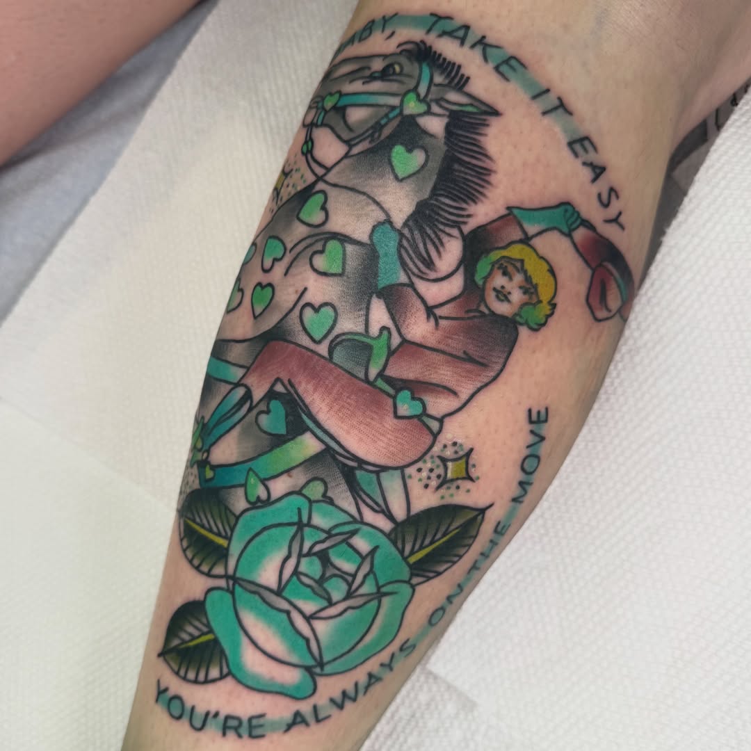 Horse and rider American traditional tattoo on the forearm by Kurt Brecheis Jr., Malvern, Pennsylvania