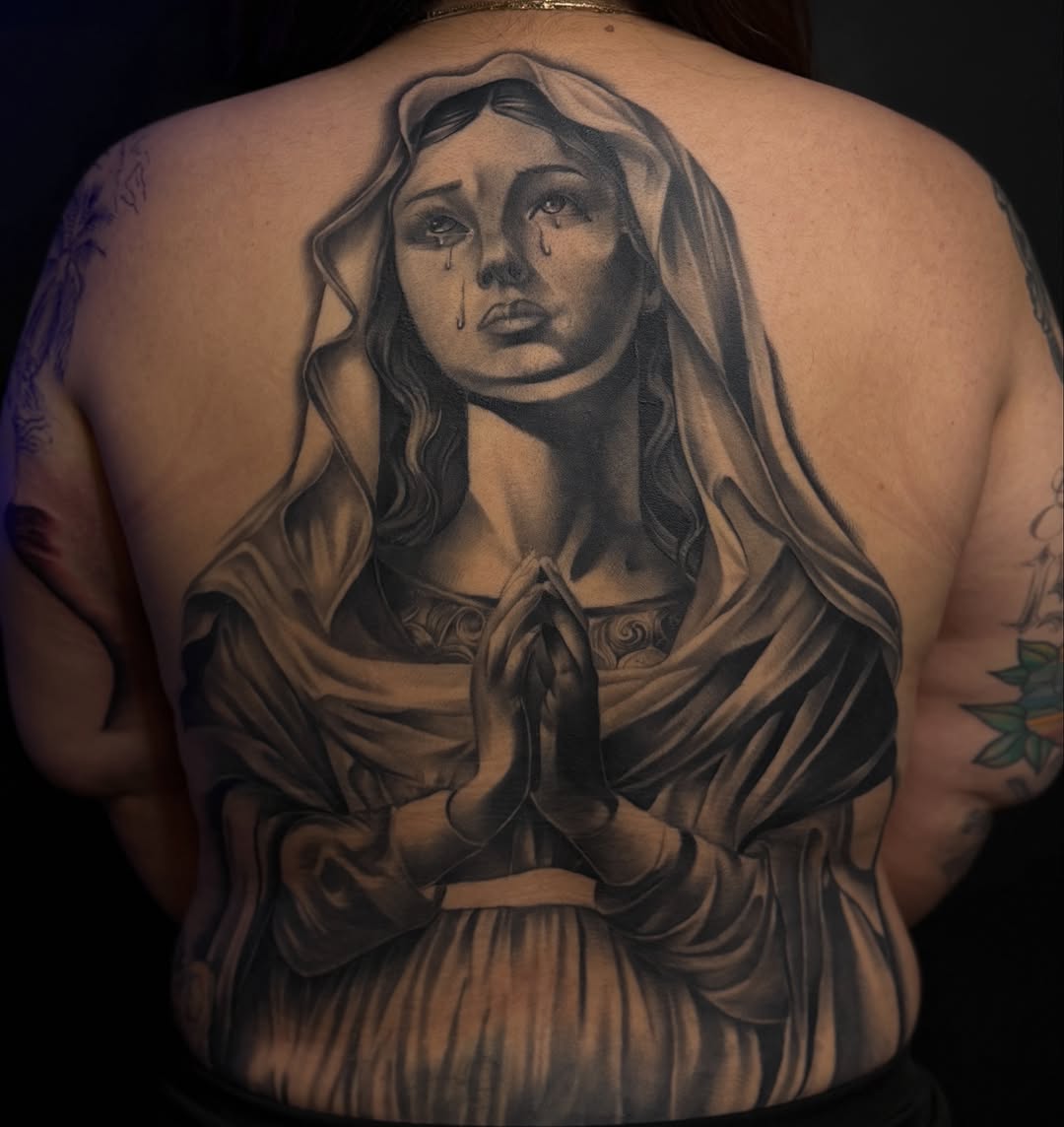 Virgin Mary praying Chicano tattoo on the back by San Diego Tattoo Artist