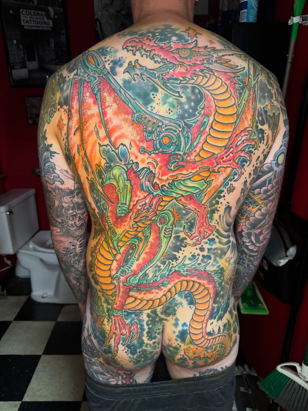 Dragon full back tattoo Japanese tattoo on the back by Tim Lehi, Oakland, California