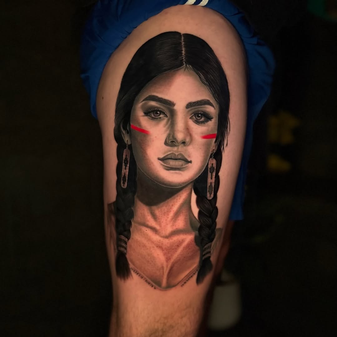 Portrait of a woman with braids realism tattoo on the forearm by Tay 🥀