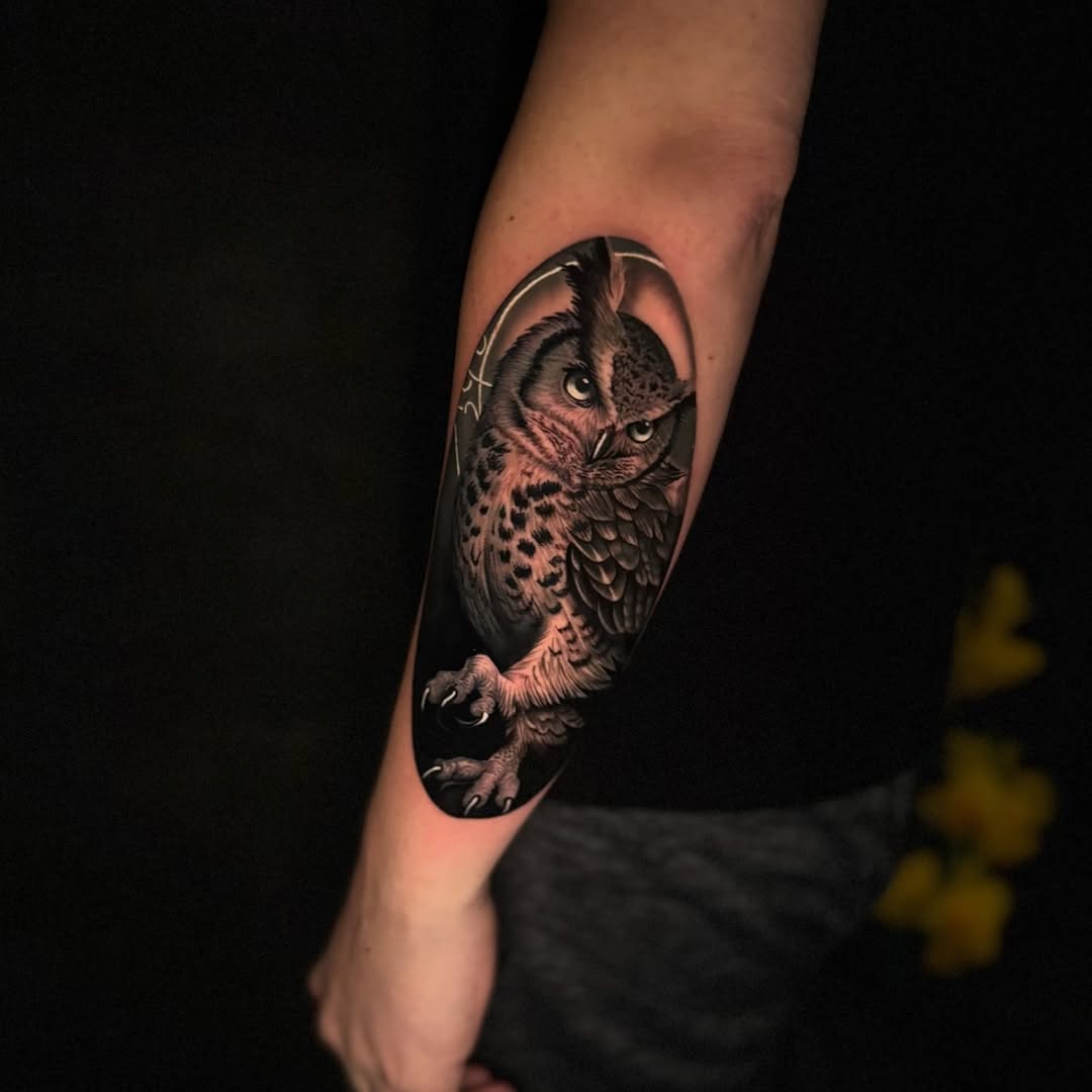 Owl portrait fine line tattoo on the forearm by Tay 🥀
