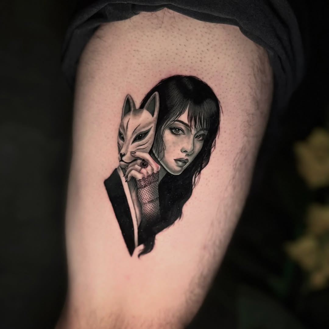 Woman with fox mask realism tattoo on the forearm by Tay 🥀