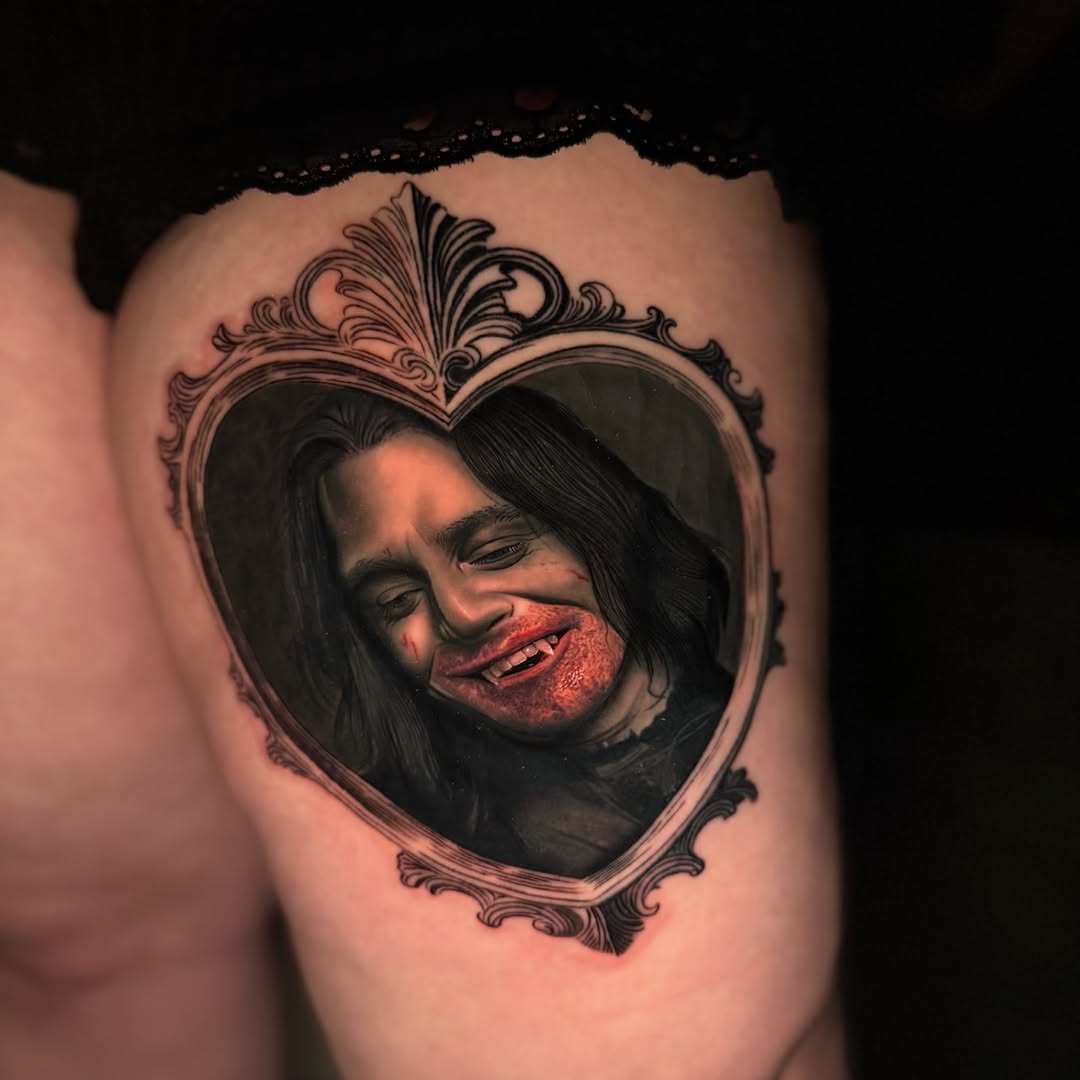 Vampire portrait in a heart-shaped frame neo-traditional tattoo on the thigh by Tay 🥀