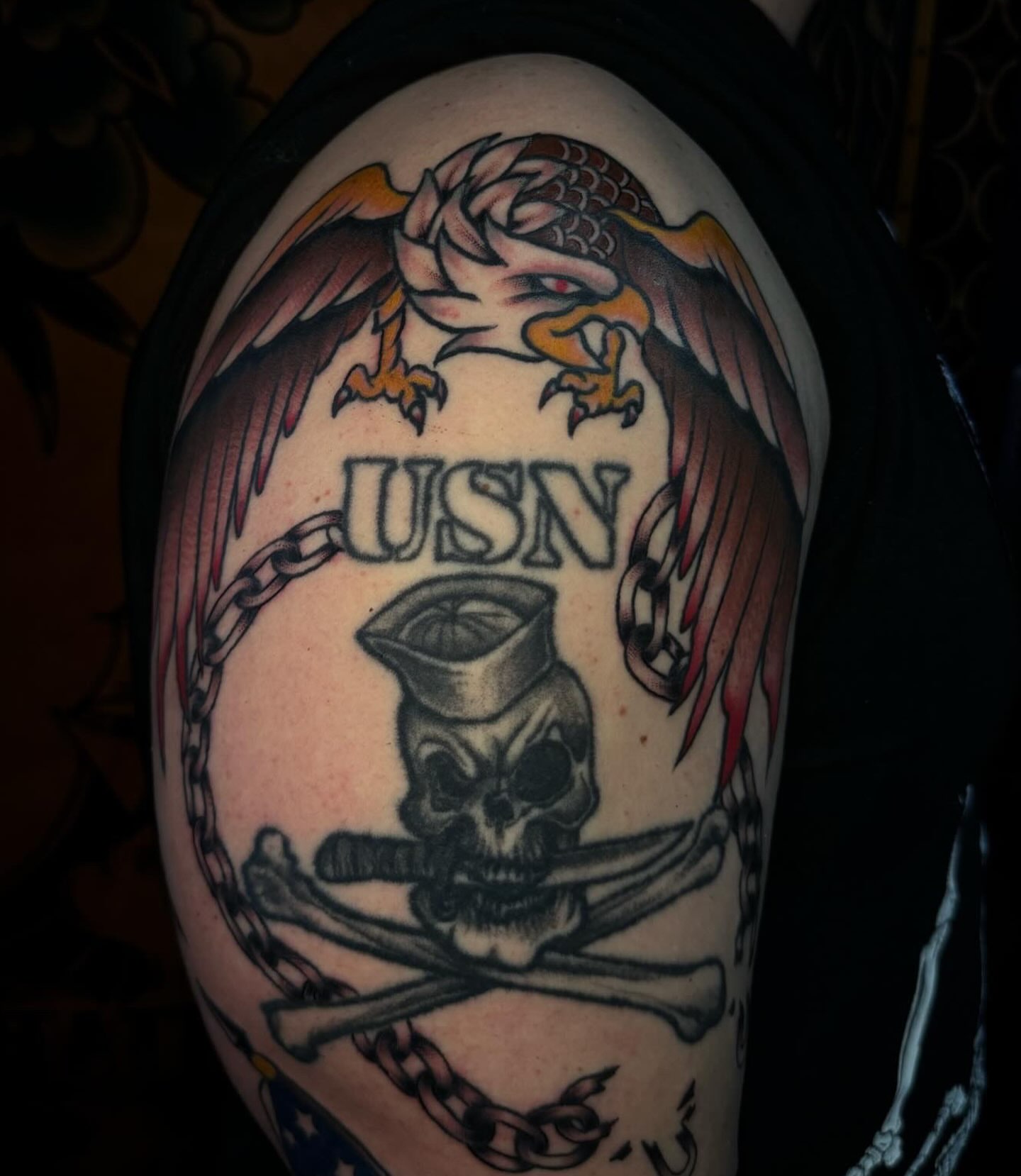 USN eagle and skull American traditional tattoo on the shoulder by Lydia