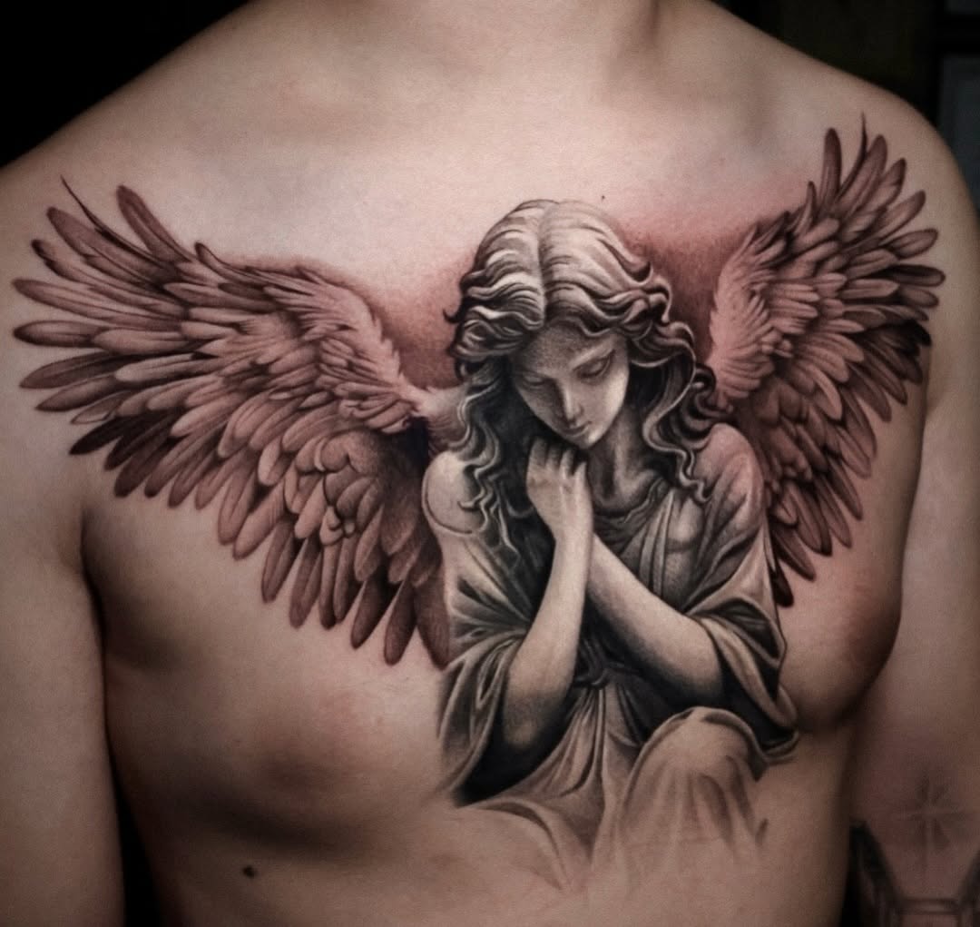 Angel realism tattoo on the chest by D A N N y L I N