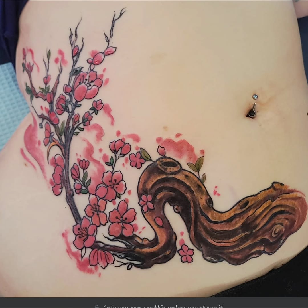 Cherry blossom tree and wood log neo-traditional tattoo on the torso by Shane Watkins