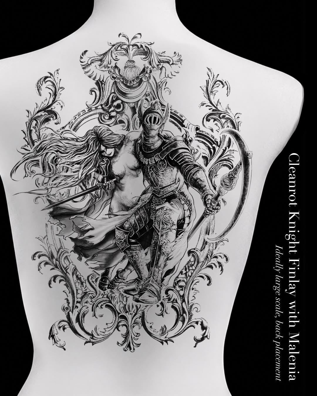 Knight and woman with ornate frame dark art tattoo on the back by ๐๐ฆ๐ฐ๐ฆ๐