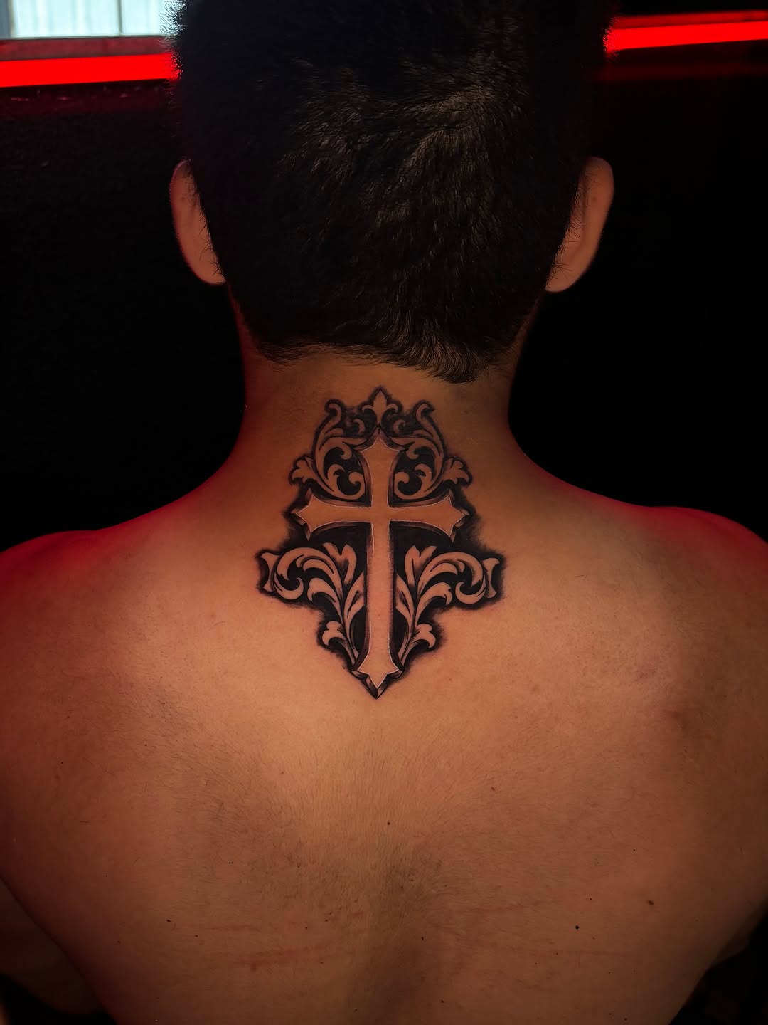 Ornamental cross blackwork tattoo on the back by JT.tattoos