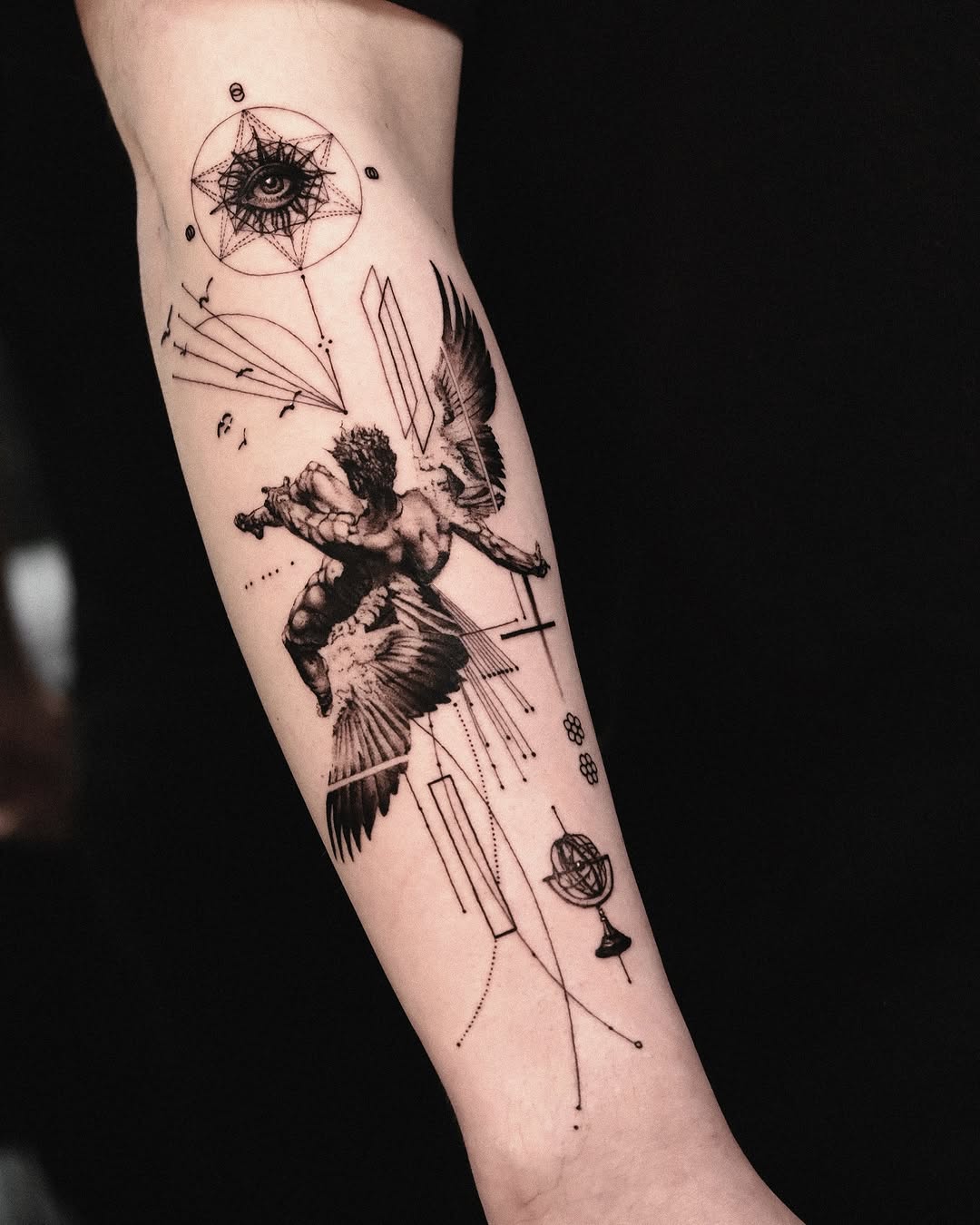 Angel with geometric elements realism tattoo on the forearm by Seraph Geometry