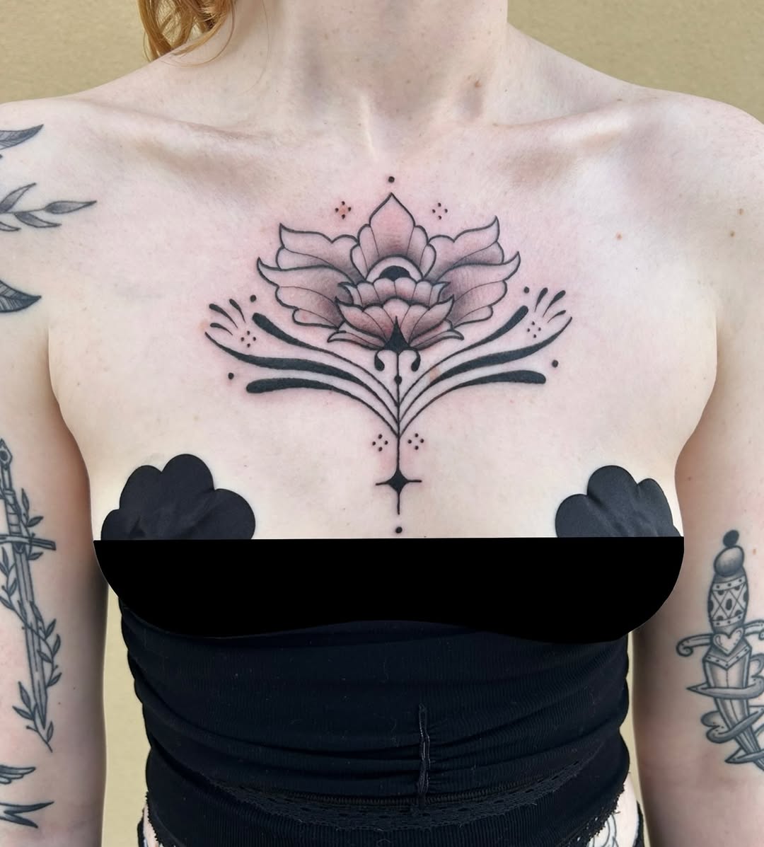 Ornamental lotus flower sketch tattoo on the chest by ๐ Michelle ๐