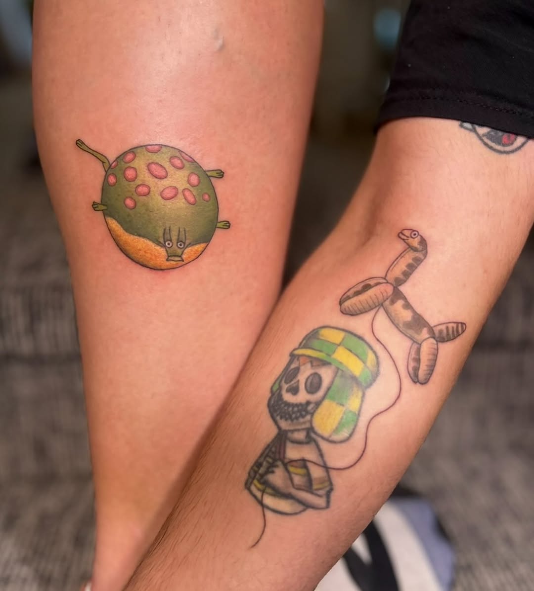 Cartoon character with balloon animal new school tattoo on the forearm by ๐ Michelle ๐