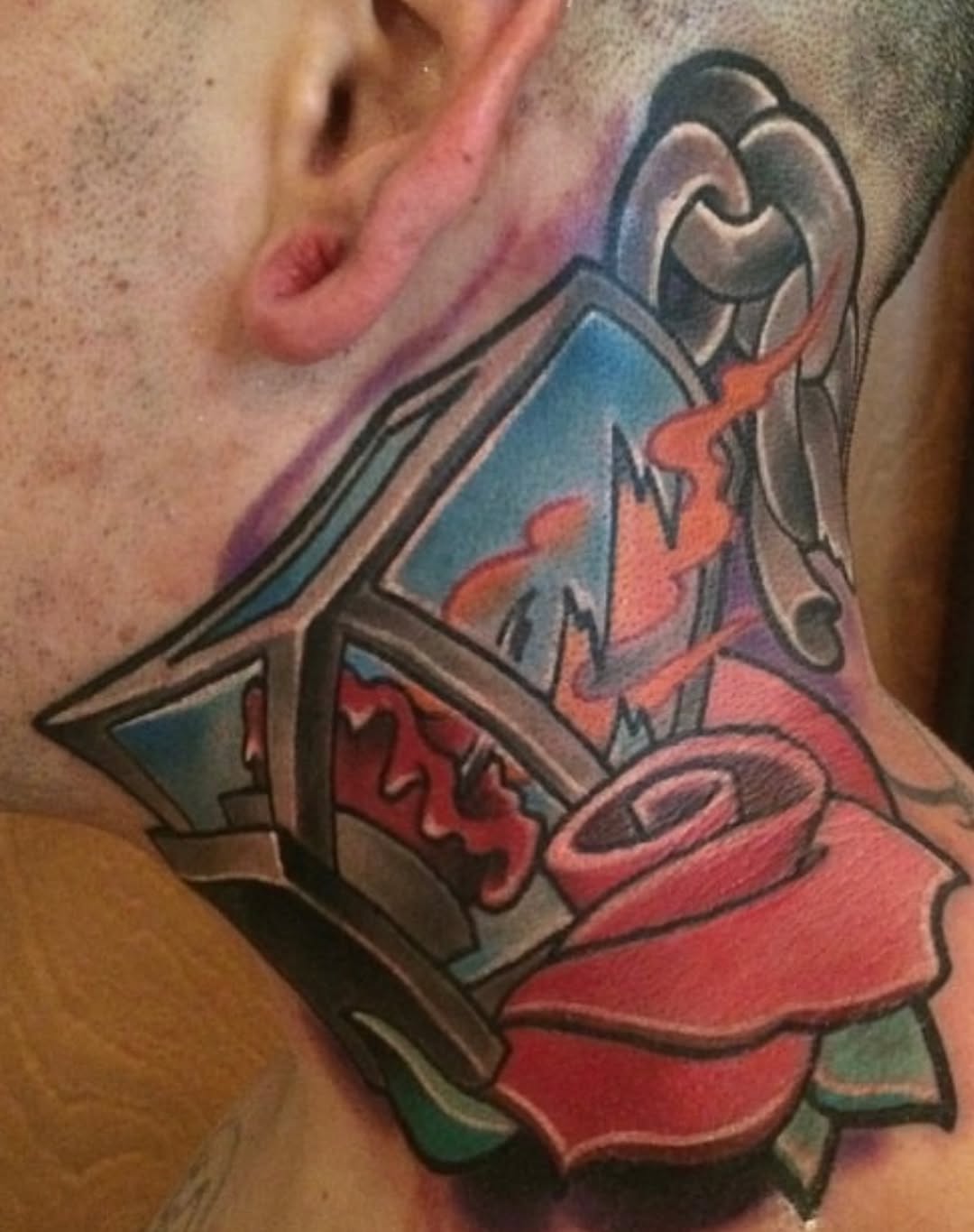 Rose, window, and chain neo-traditional tattoo on the neck by James ⚡️ Tattoo Artist