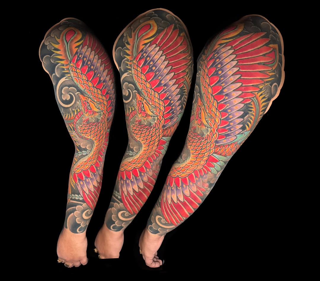 Phoenix and clouds Japanese tattoo on the forearm by Mark Thompson, Dallas, Texas