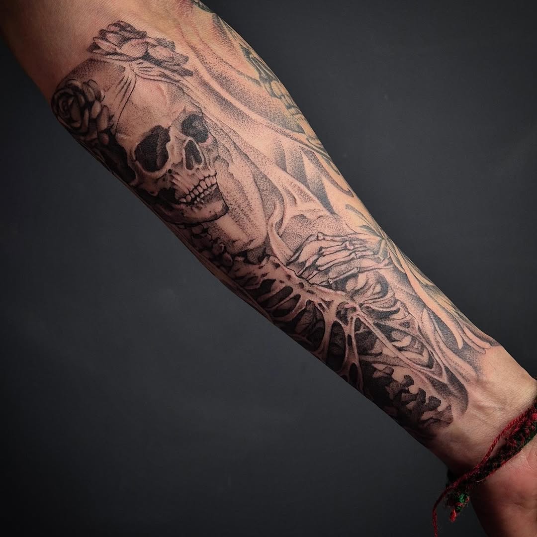 Skull and skeleton realism tattoo on the forearm by Тату Херсон _ Kherson tattoo, Kherson