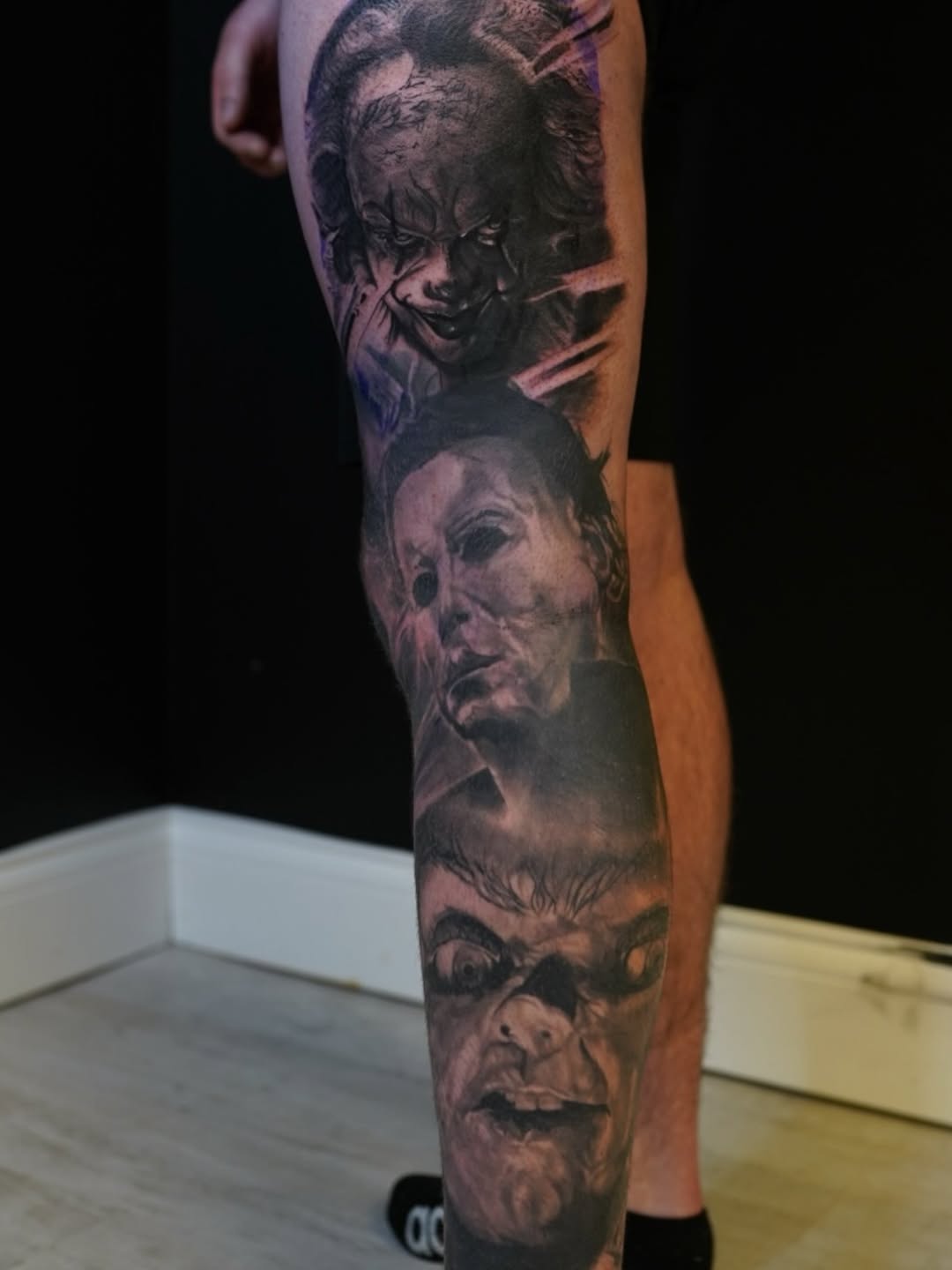Horror movie characters realism tattoo on the forearm by Eric RudeInk
