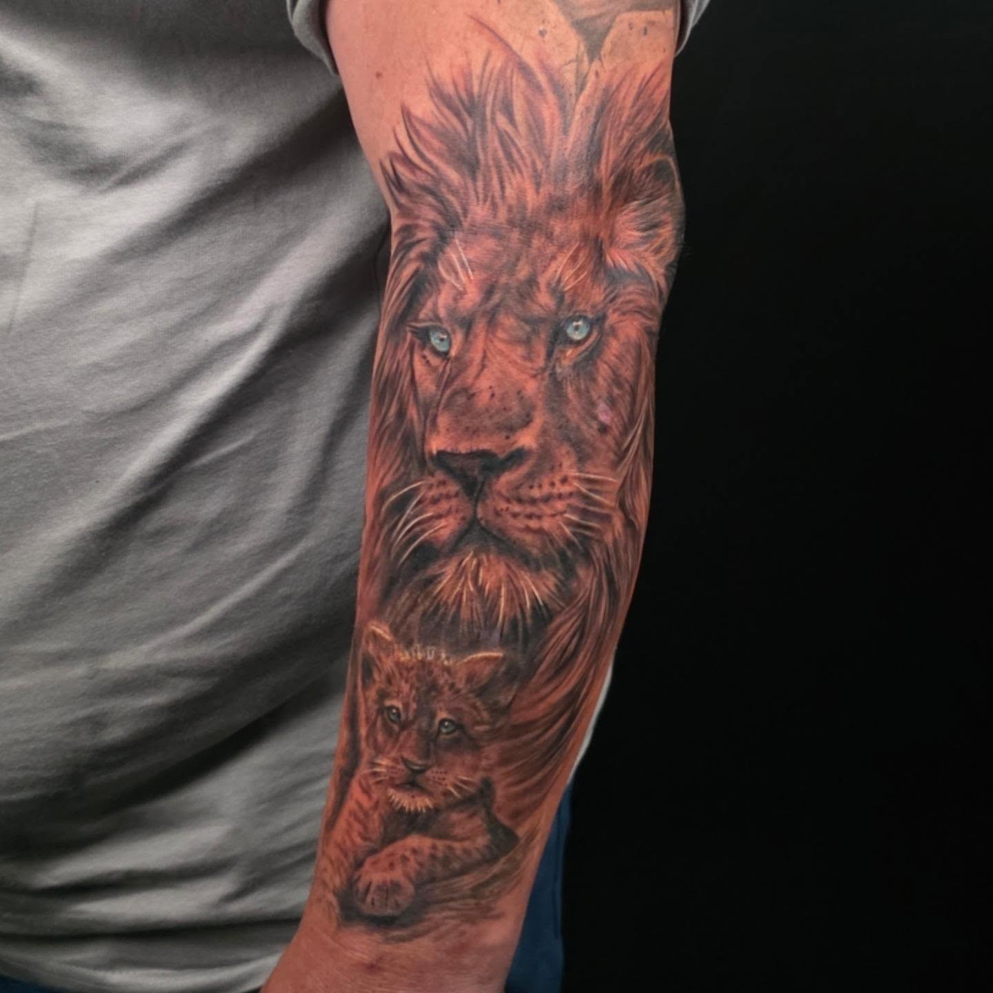 Lion and cub realism tattoo on the forearm by Kosta
