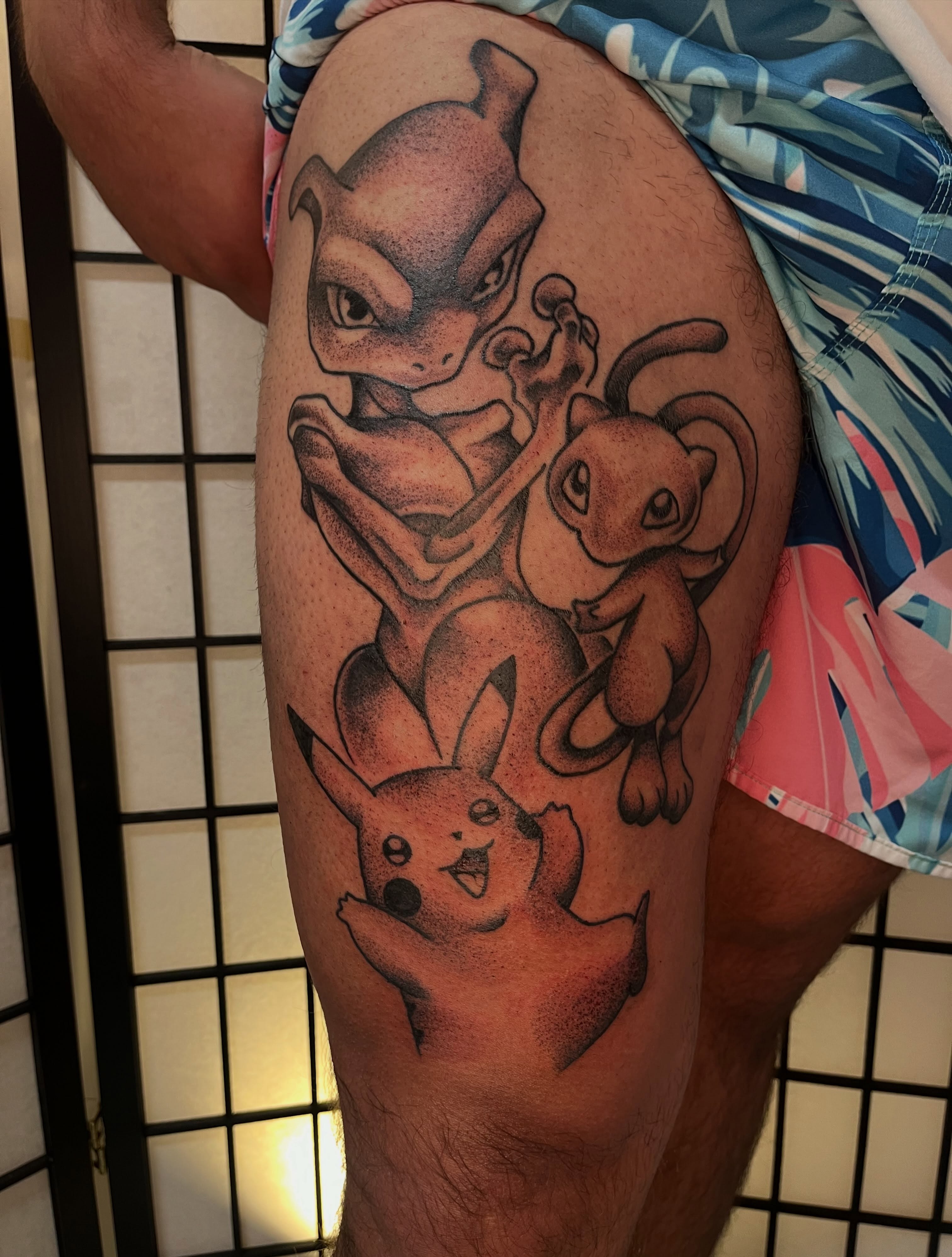 Pokémon characters dotwork tattoo on the thigh by Lauryn Dunkle