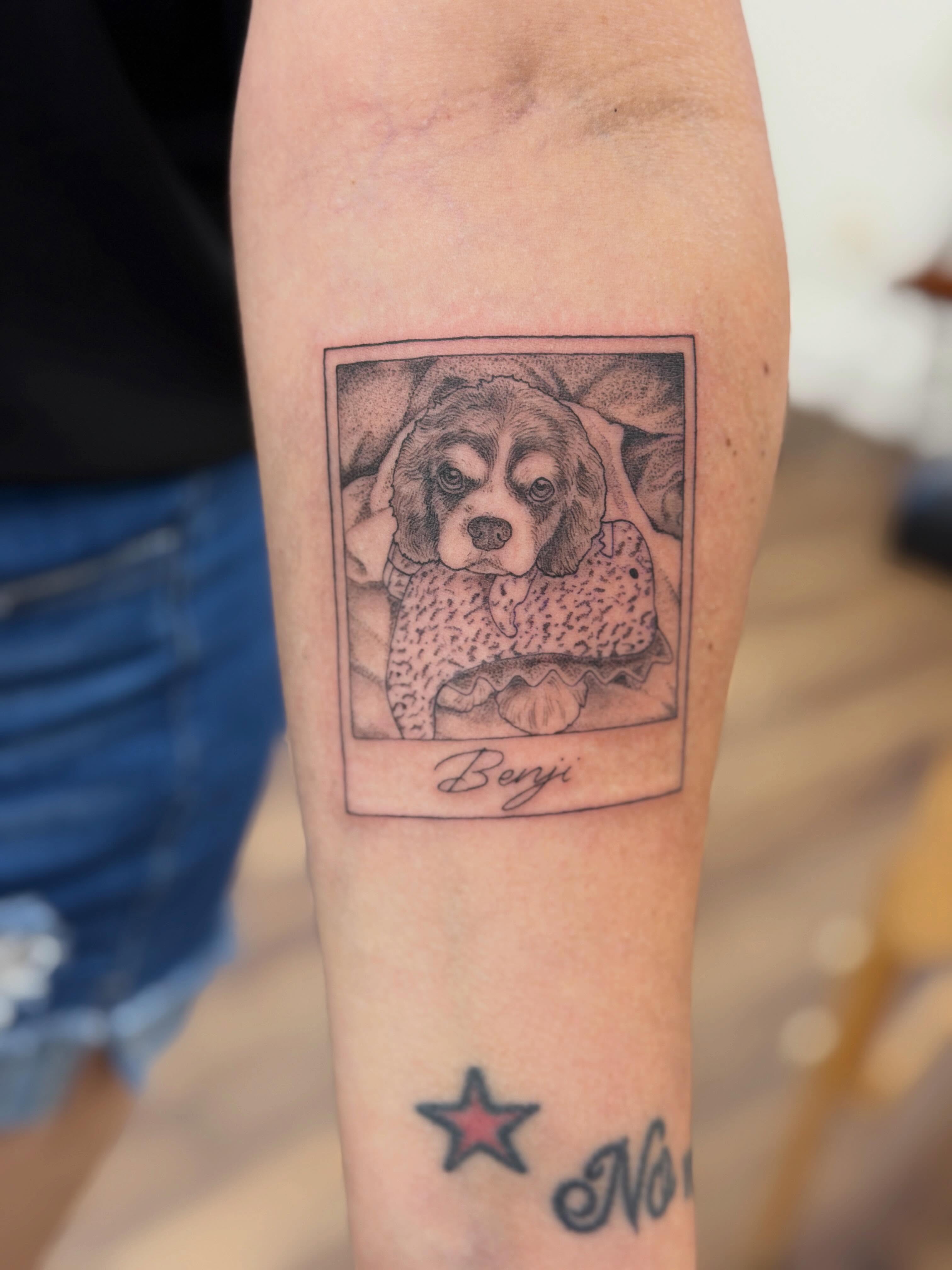 Dog portrait dotwork tattoo on the forearm by Alison (Wise) Best