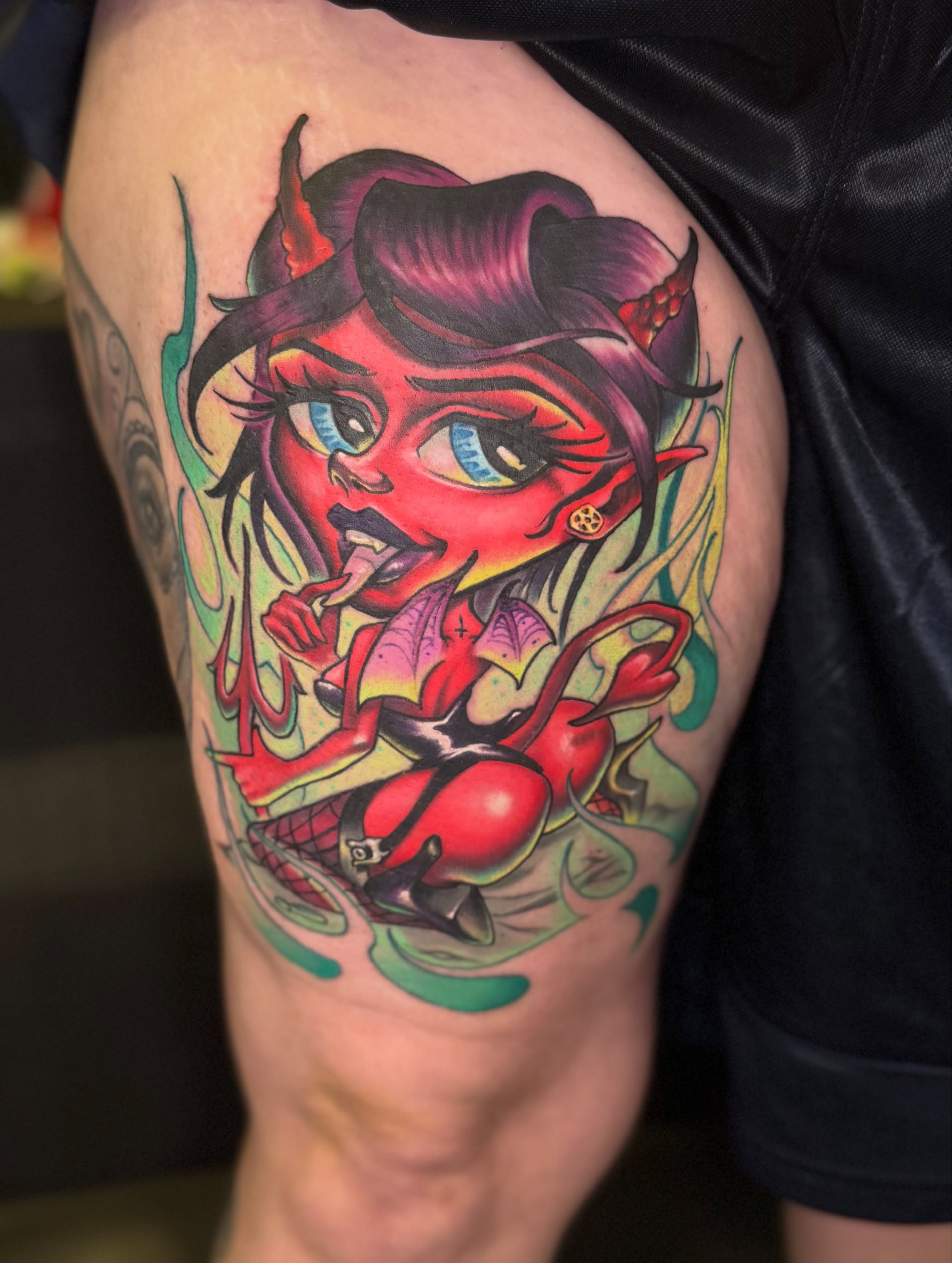 Demon girl new school tattoo on the thigh by Tatgunjoe, Salt Lake City, Utah