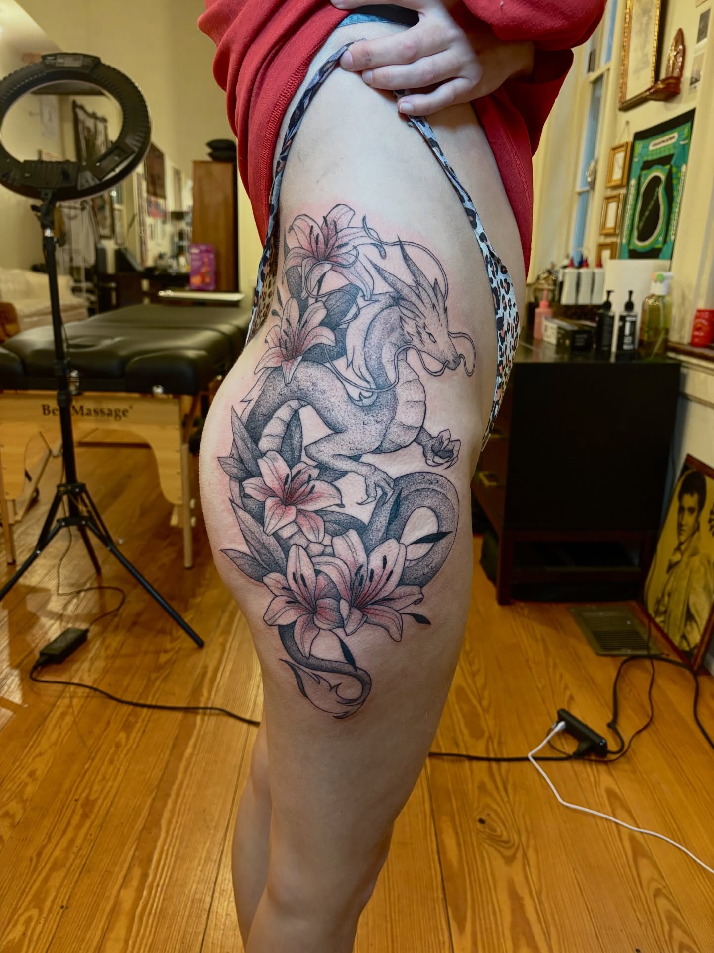 Dragon and lilies japanese irezumi tattoo on the thigh by V ☆ Cincinnati Tattoo Artist