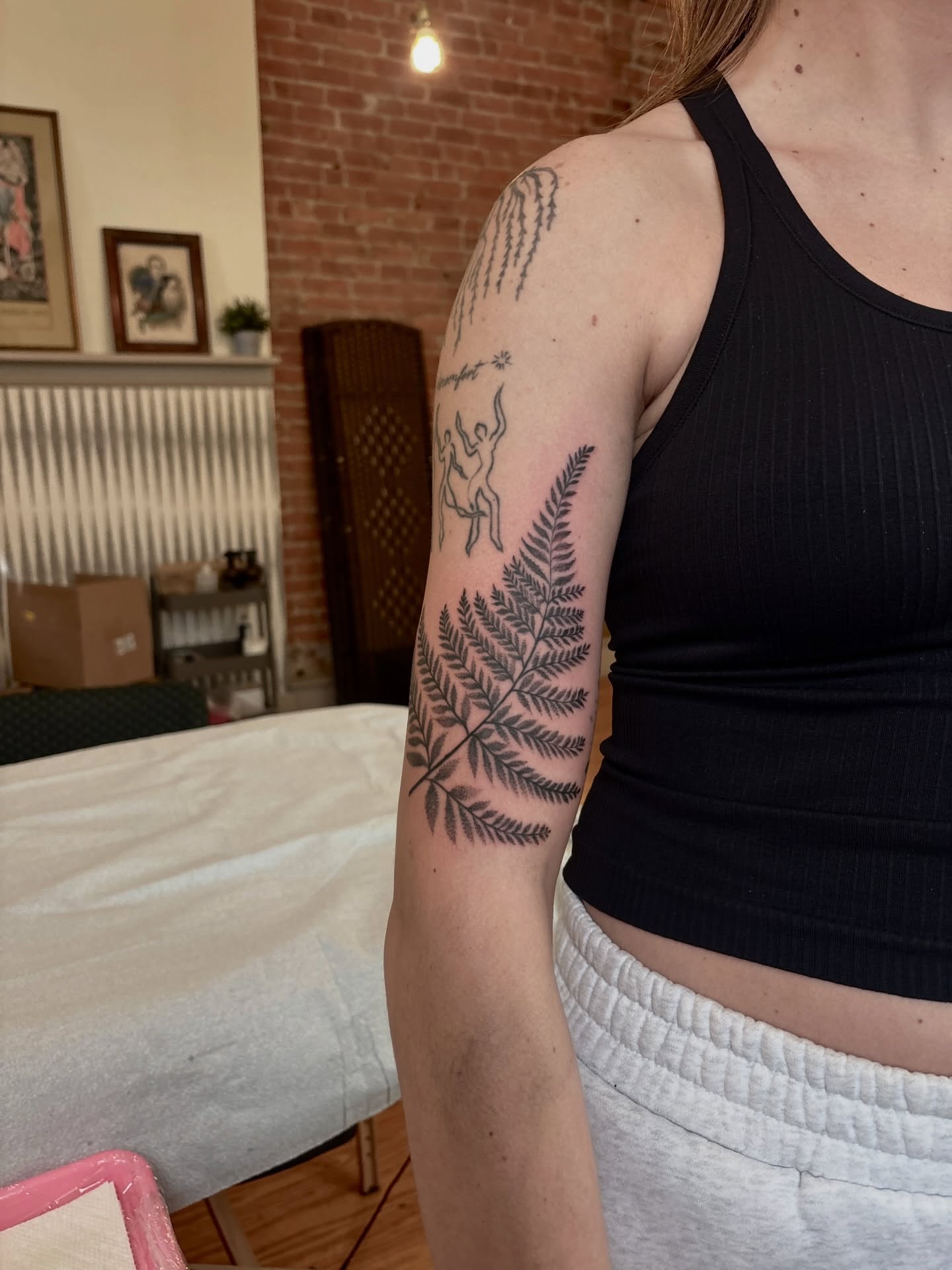Fern leaf and dancers black and grey tattoo on the forearm by V ☆ Cincinnati Tattoo Artist