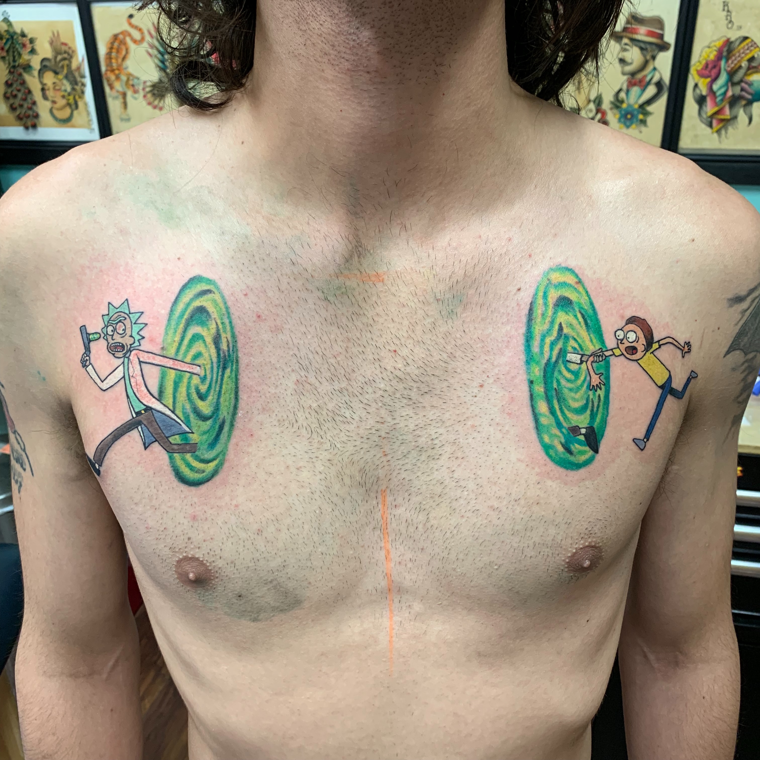 Rick and Morty portal dotwork tattoo on the chest by Kevin R. Onley