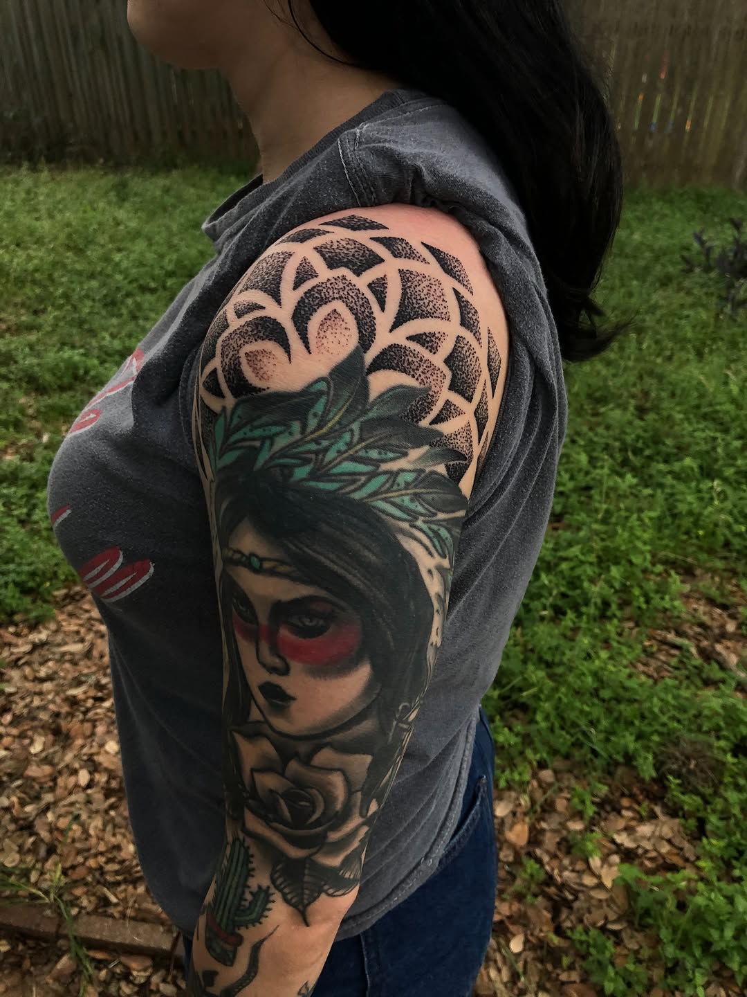 Woman with headdress, rose, and cactus realism tattoo on the shoulder by James ⚡️ Tattoo Artist